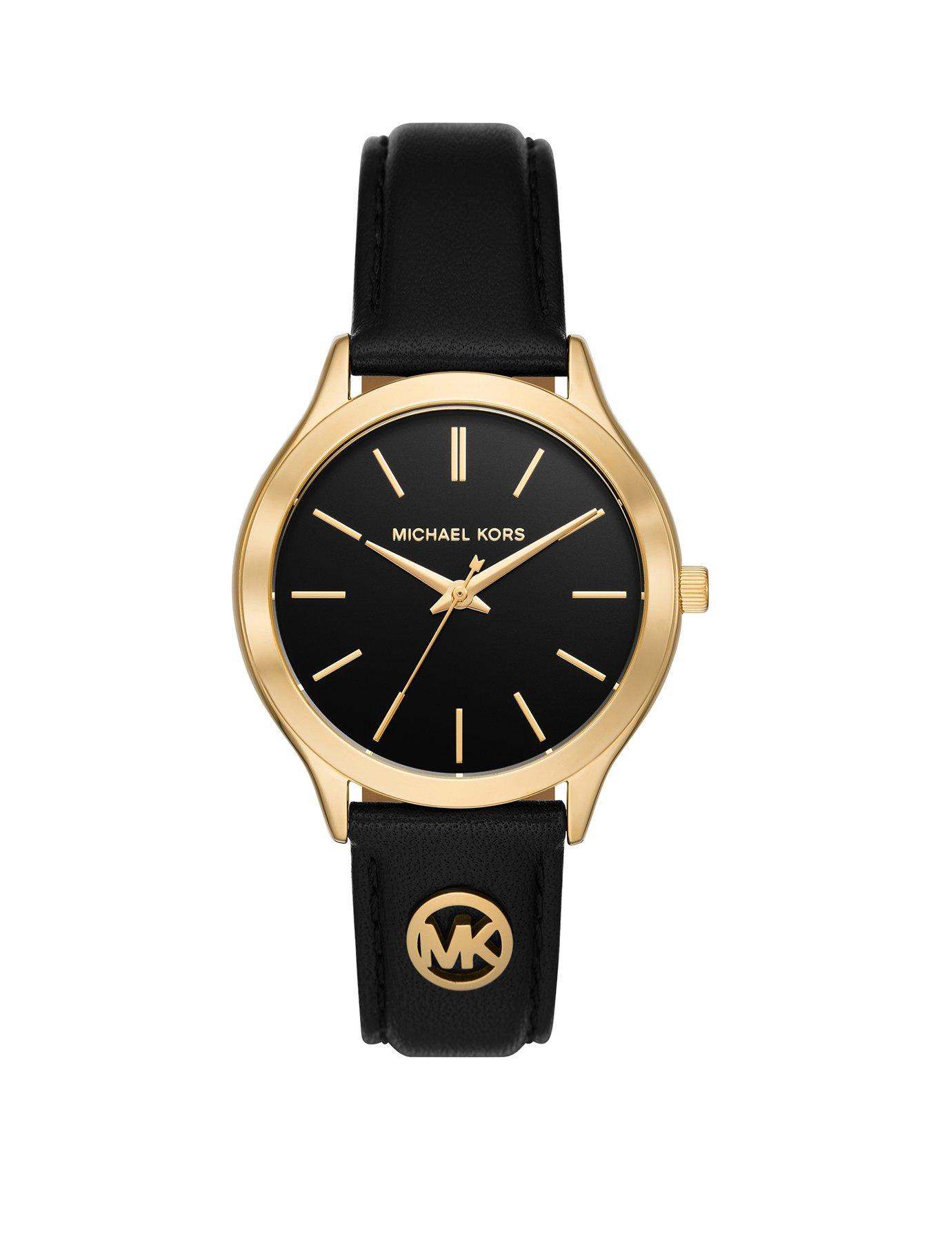 Product photograph of Michael Kors Slim Runway Three-hand Black Leather Watch from very.co.uk