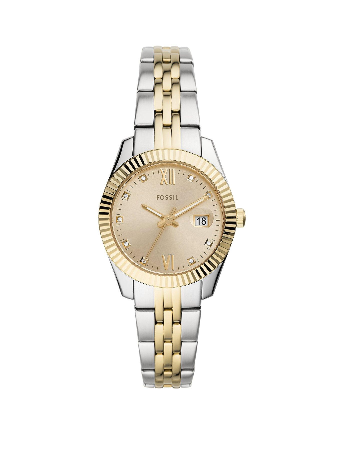 Product photograph of Fossil Women S Scarlette Mini Three-hand Date Stainless Steel Watch from very.co.uk