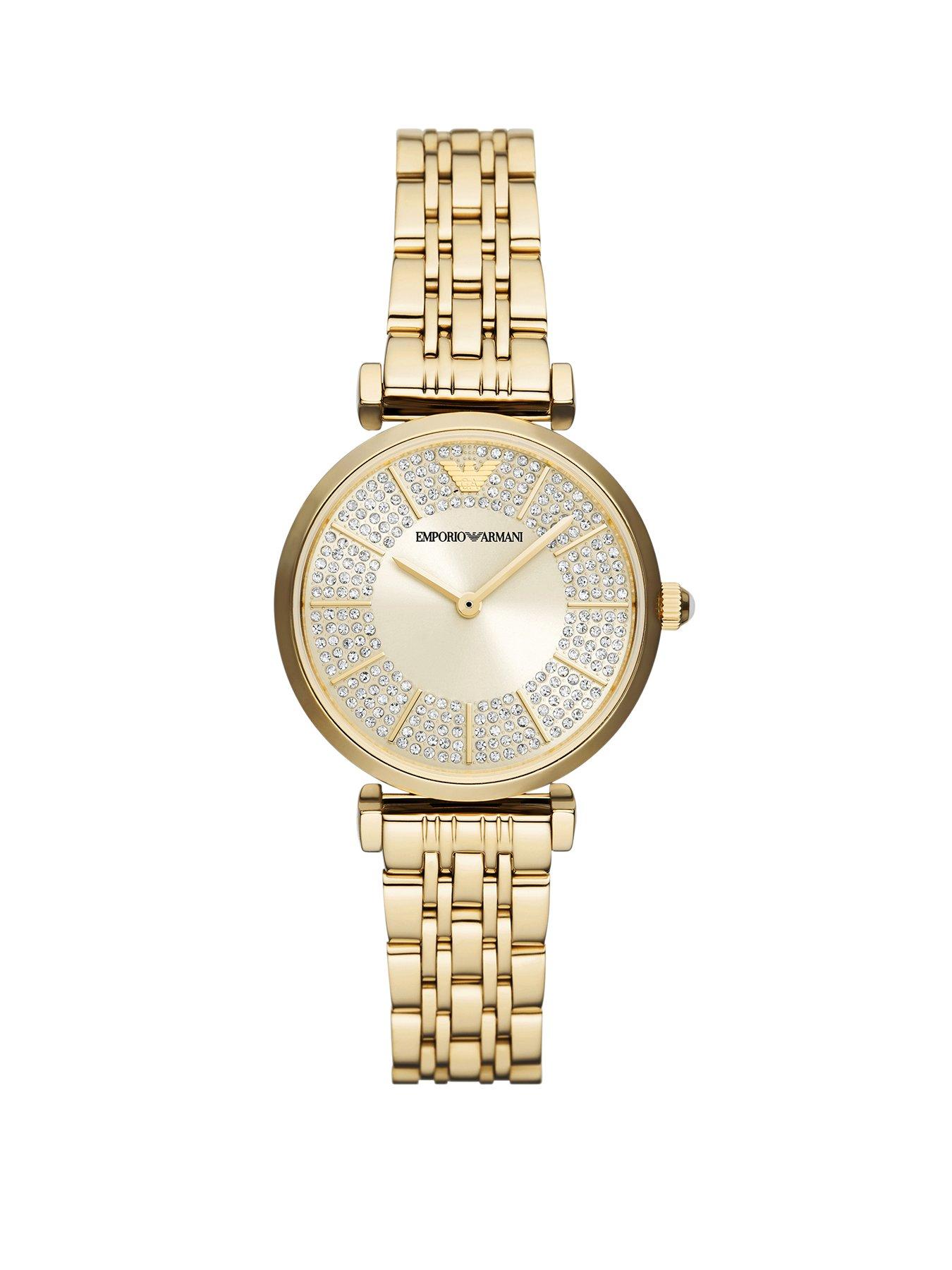 Product photograph of Emporio Armani Women S Gianni T-bar Two-hand Gold-tone Stainless Steel Watch from very.co.uk