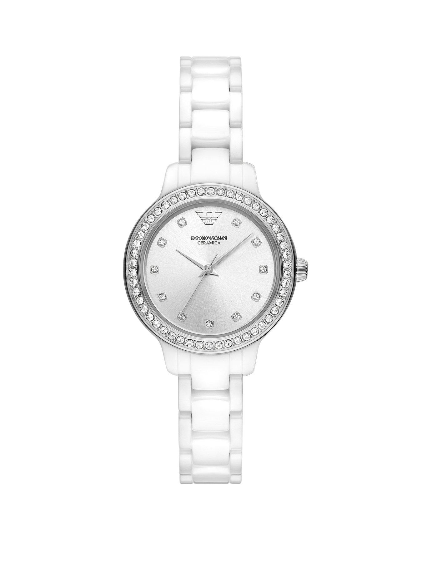 Product photograph of Emporio Armani Women S Three-hand Silver And White Ceramic Watch from very.co.uk