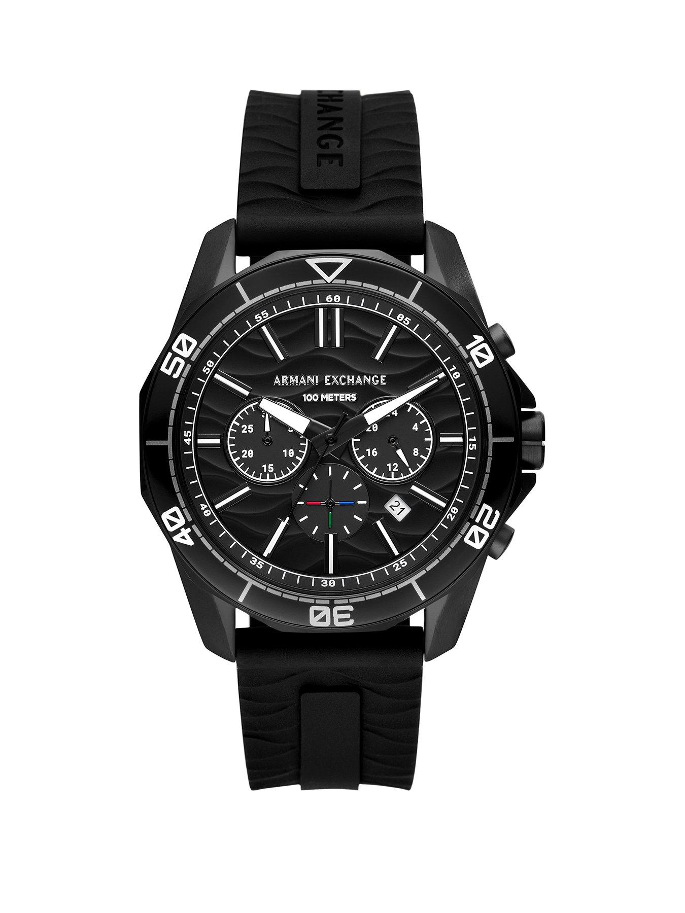 Product photograph of Armani Exchange Chronograph Black Silicone Watch from very.co.uk