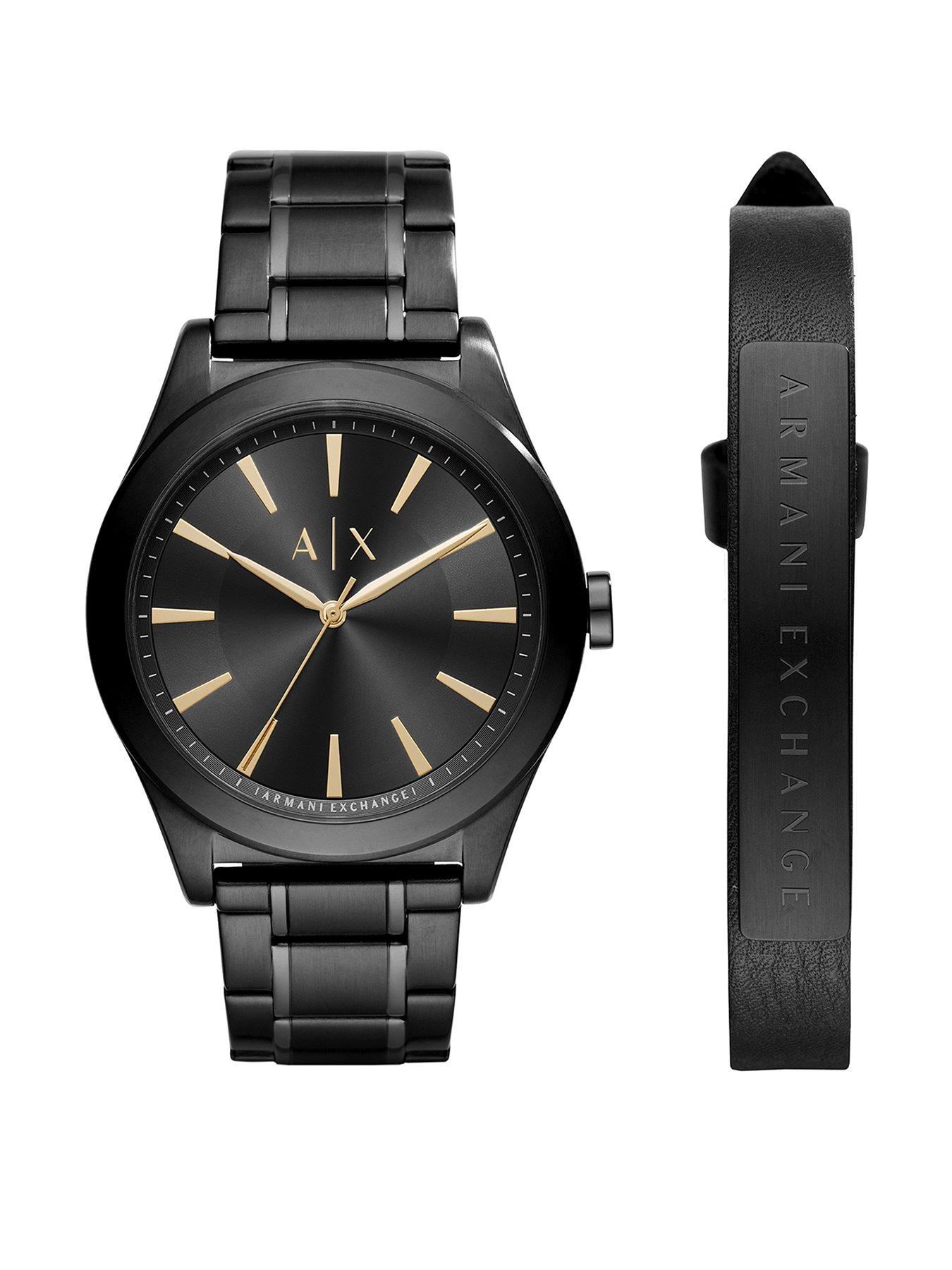 Product photograph of Armani Exchange Men S 3-hand Black Stainless Steel Watch Gift Set from very.co.uk