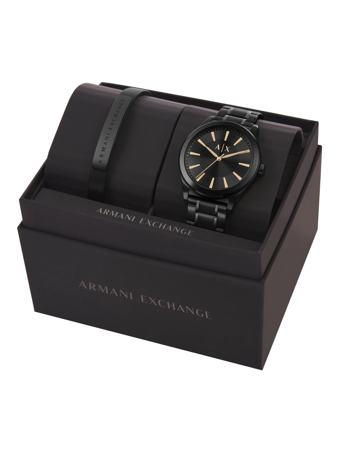 Mens Armani Exchange Three Hand sold Stainless Steel Watch and Key Ring Gift Set