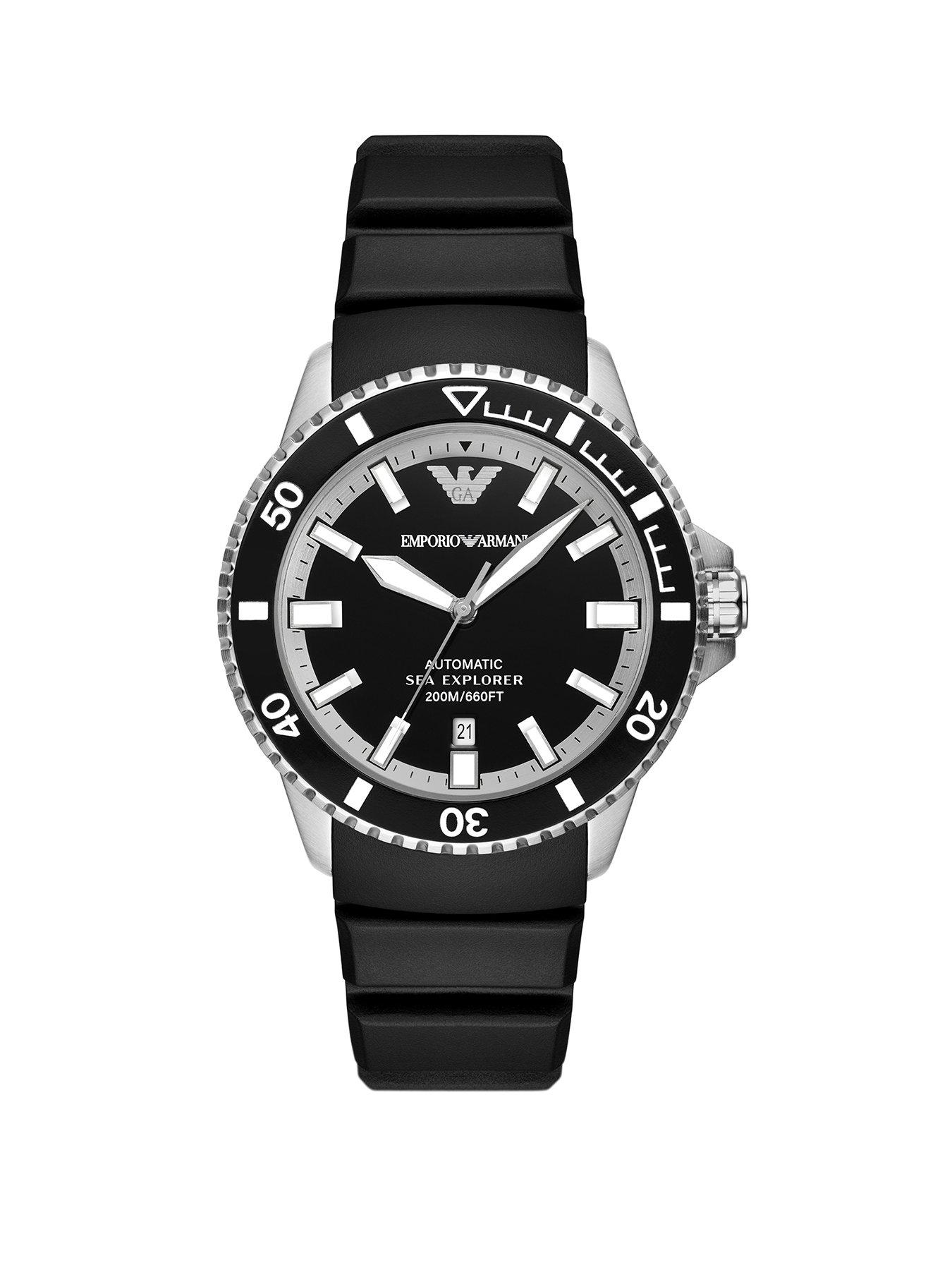 Product photograph of Emporio Armani Sea Explorer Elite Automatic Black Silicone Watch from very.co.uk