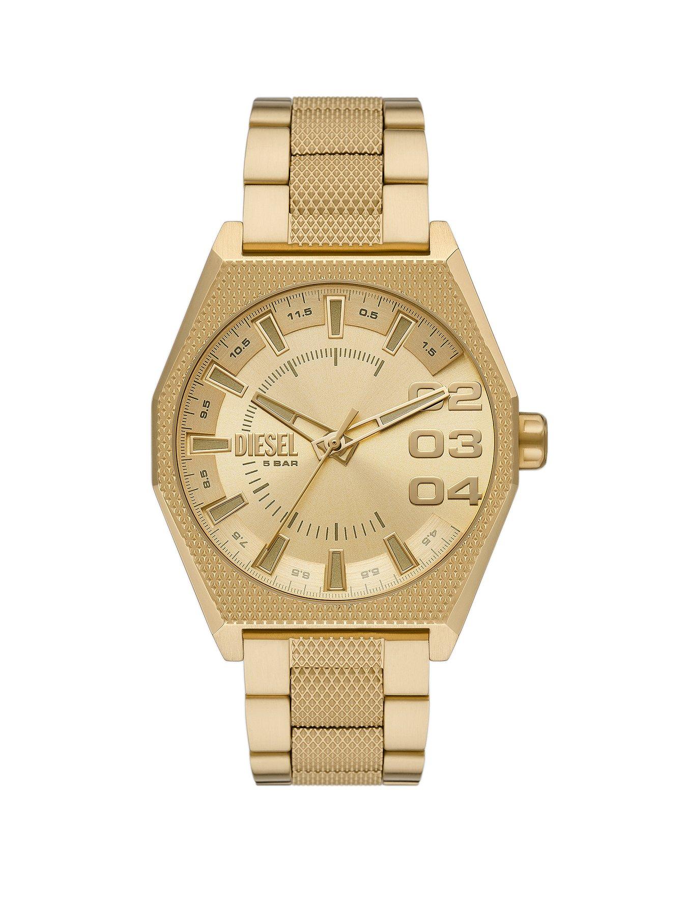 Product photograph of Diesel Scraper Three-hand Gold-tone Stainless Steel Watch from very.co.uk