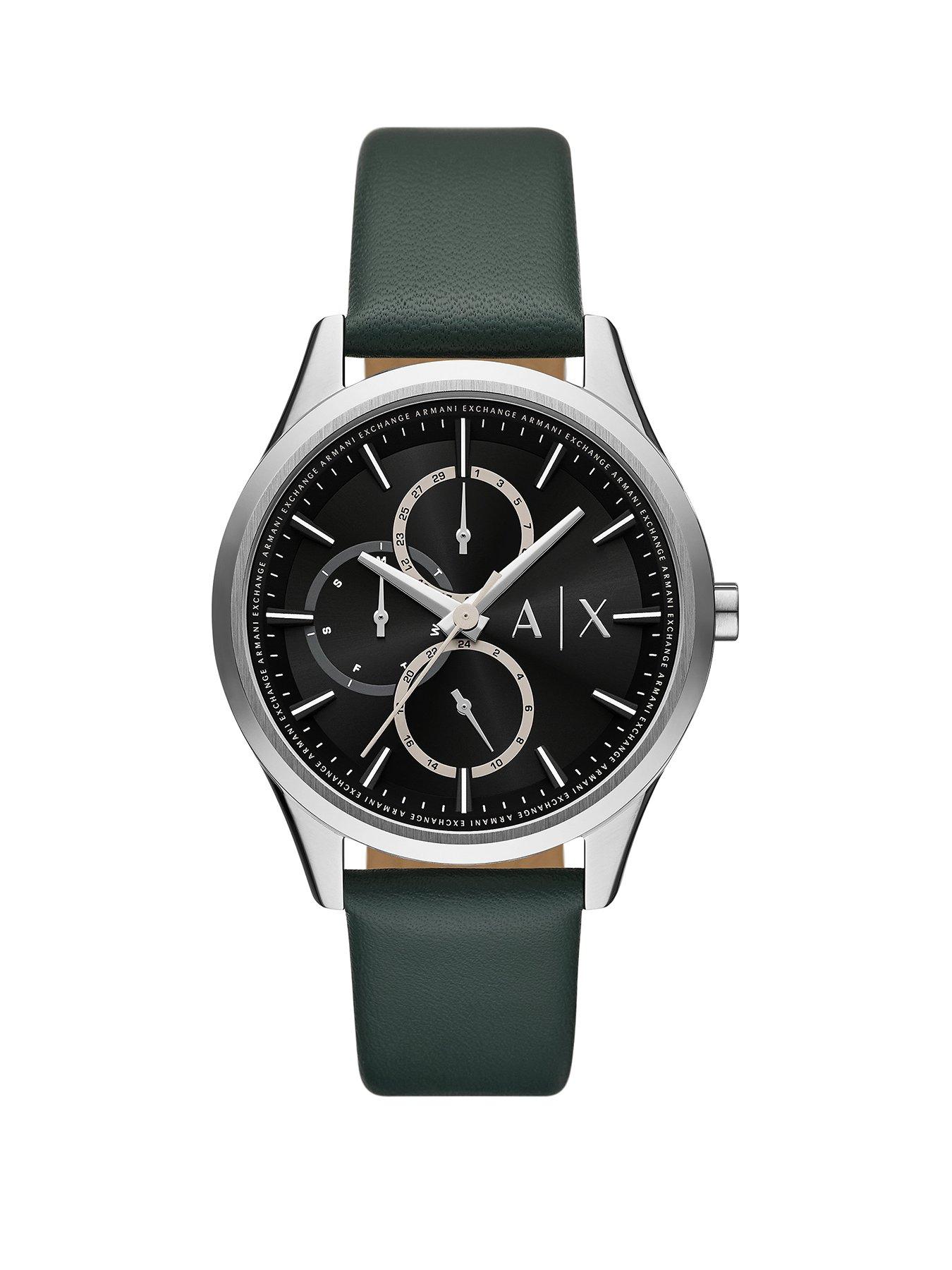 Product photograph of Armani Exchange Multifunction Green Leather Watch from very.co.uk