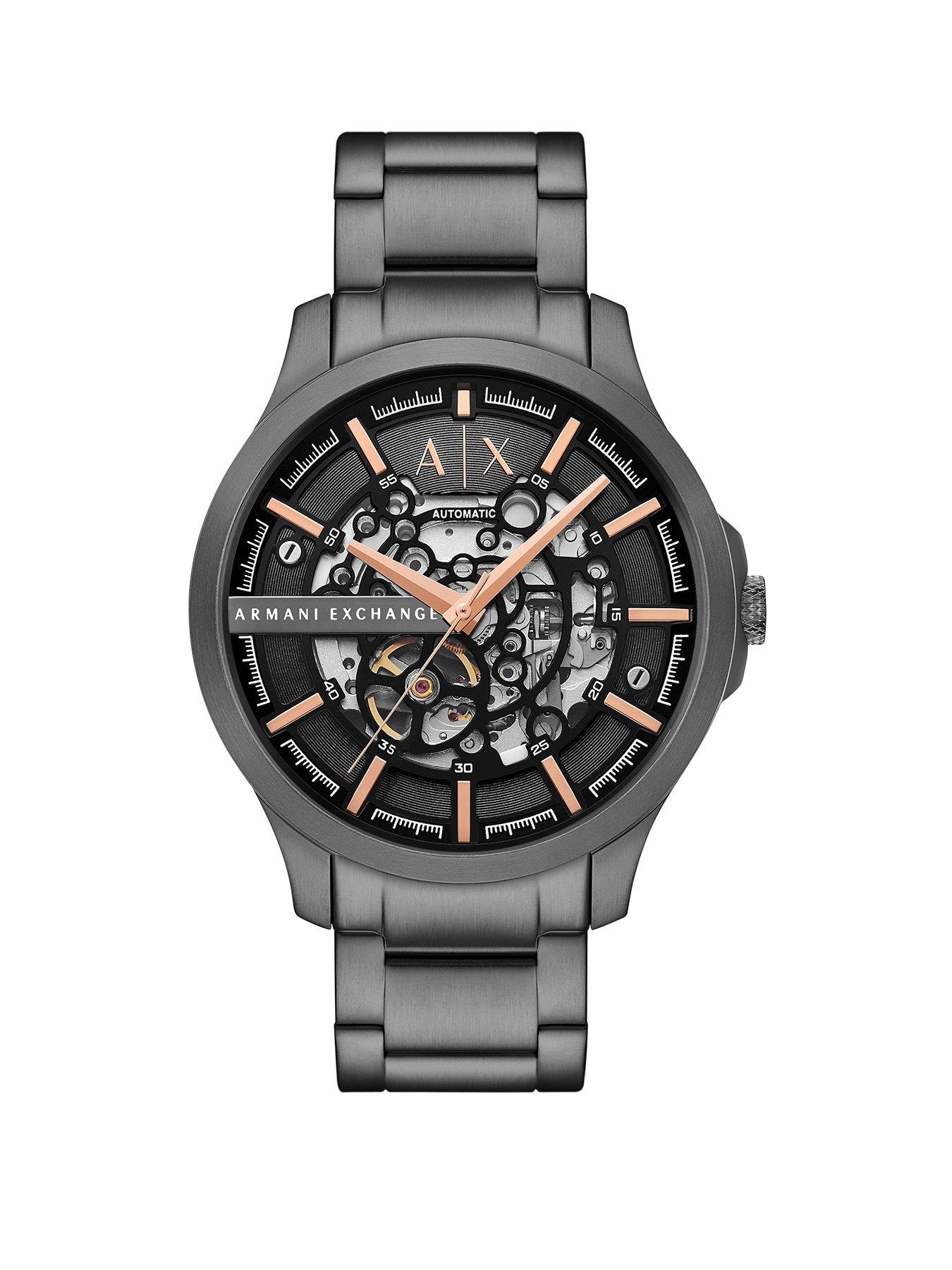 Product photograph of Armani Exchange Automatic Gunmetal Stainless Steel Watch from very.co.uk