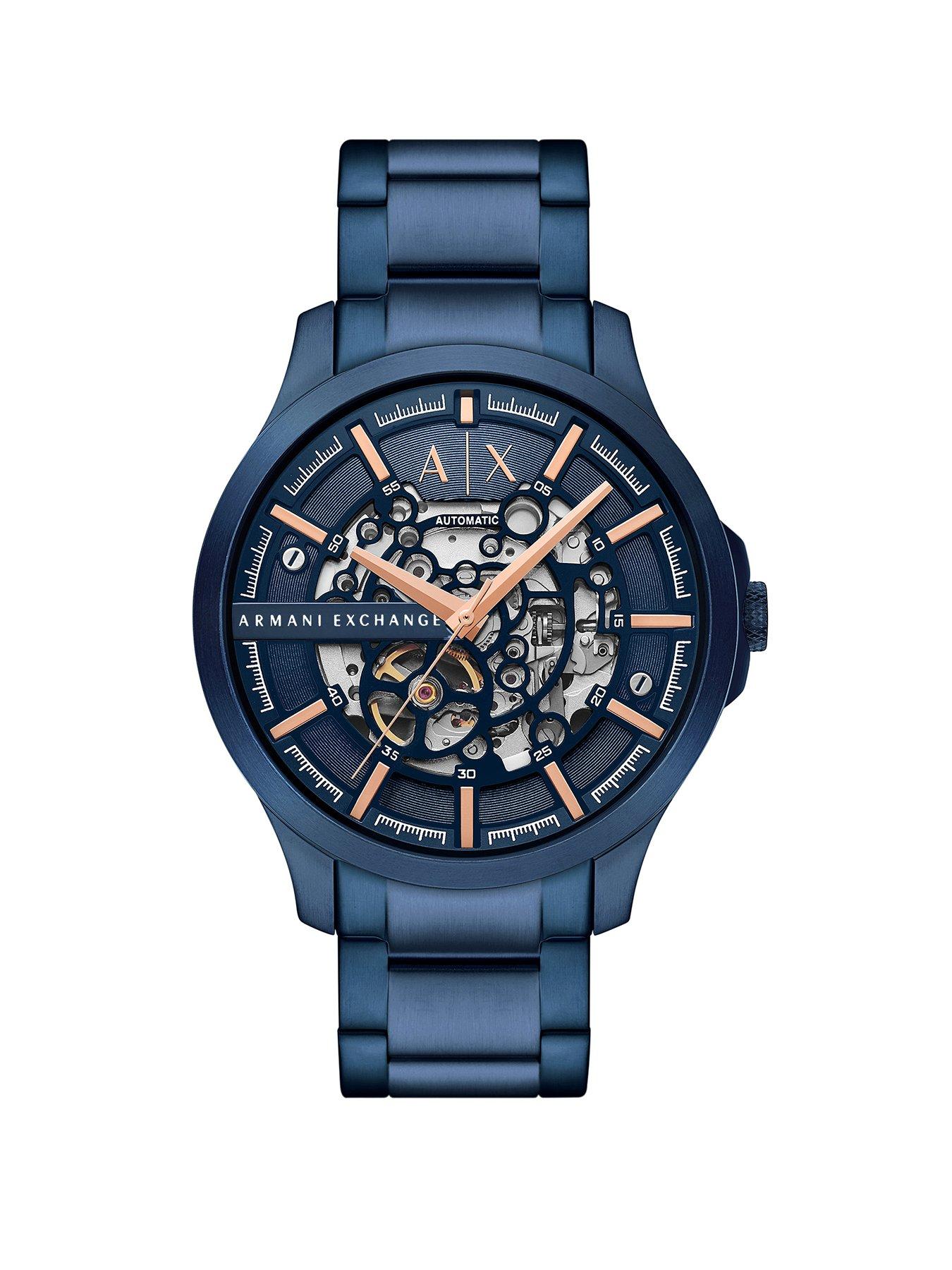 Product photograph of Armani Exchange Armani Exchange Automatic Blue Stainless Steel Watch from very.co.uk