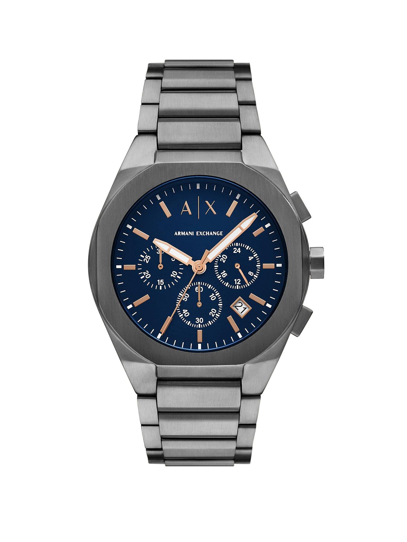 Product photograph of Armani Exchange Chronograph Gunmetal Stainless Steel Watch from very.co.uk