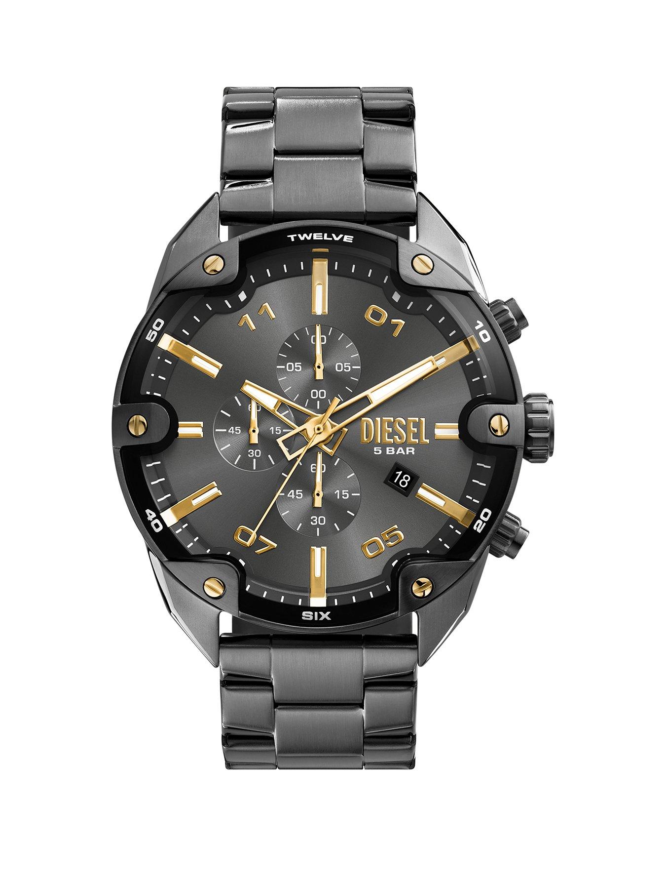 Product photograph of Diesel Men S Spiked Chronograph Gunmetal Stainless Steel Watch from very.co.uk