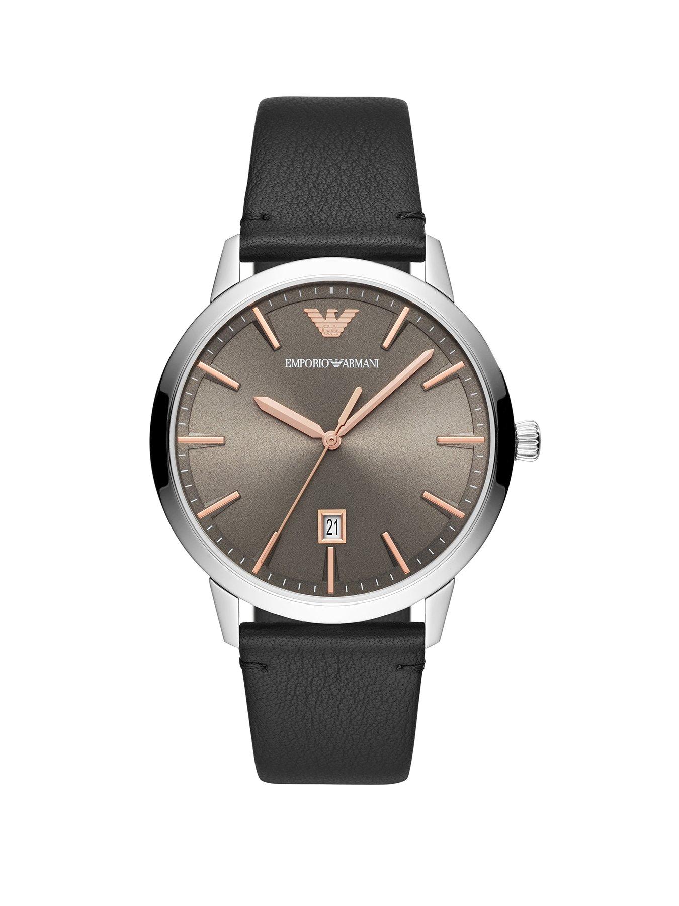 Product photograph of Emporio Armani Three-hand Black Leather Watch from very.co.uk