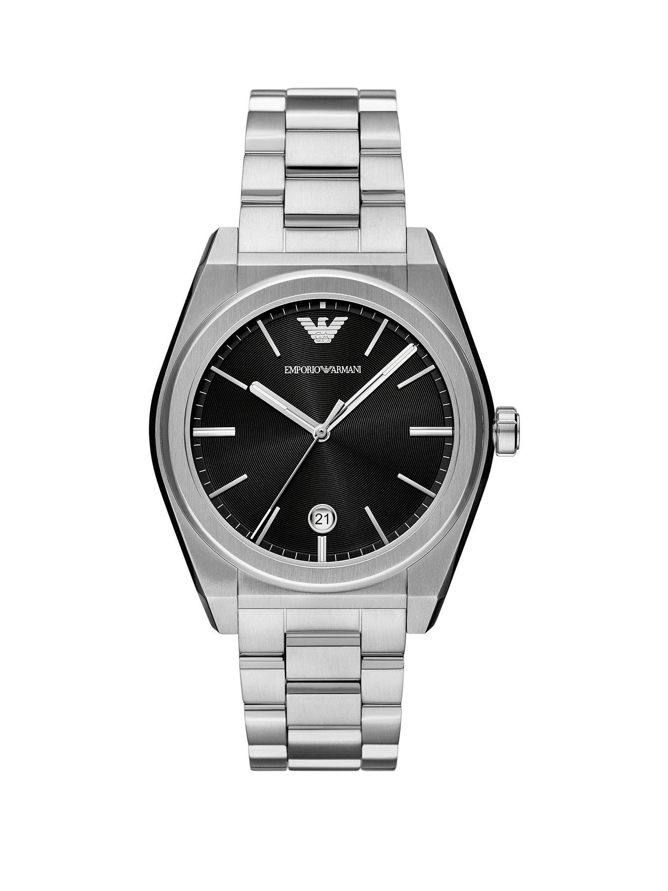 Product photograph of Emporio Armani Three-hand Date Stainless Steel Watch from very.co.uk