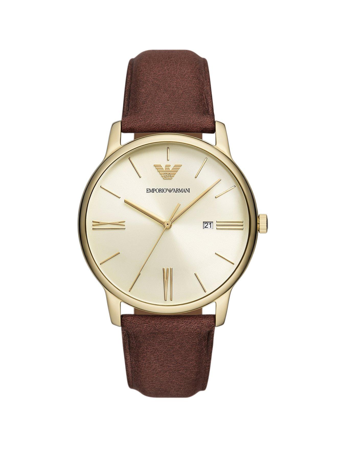 Product photograph of Emporio Armani Men S Minimalist Three-hand Date Gold-tone Stainless Steel Watch from very.co.uk