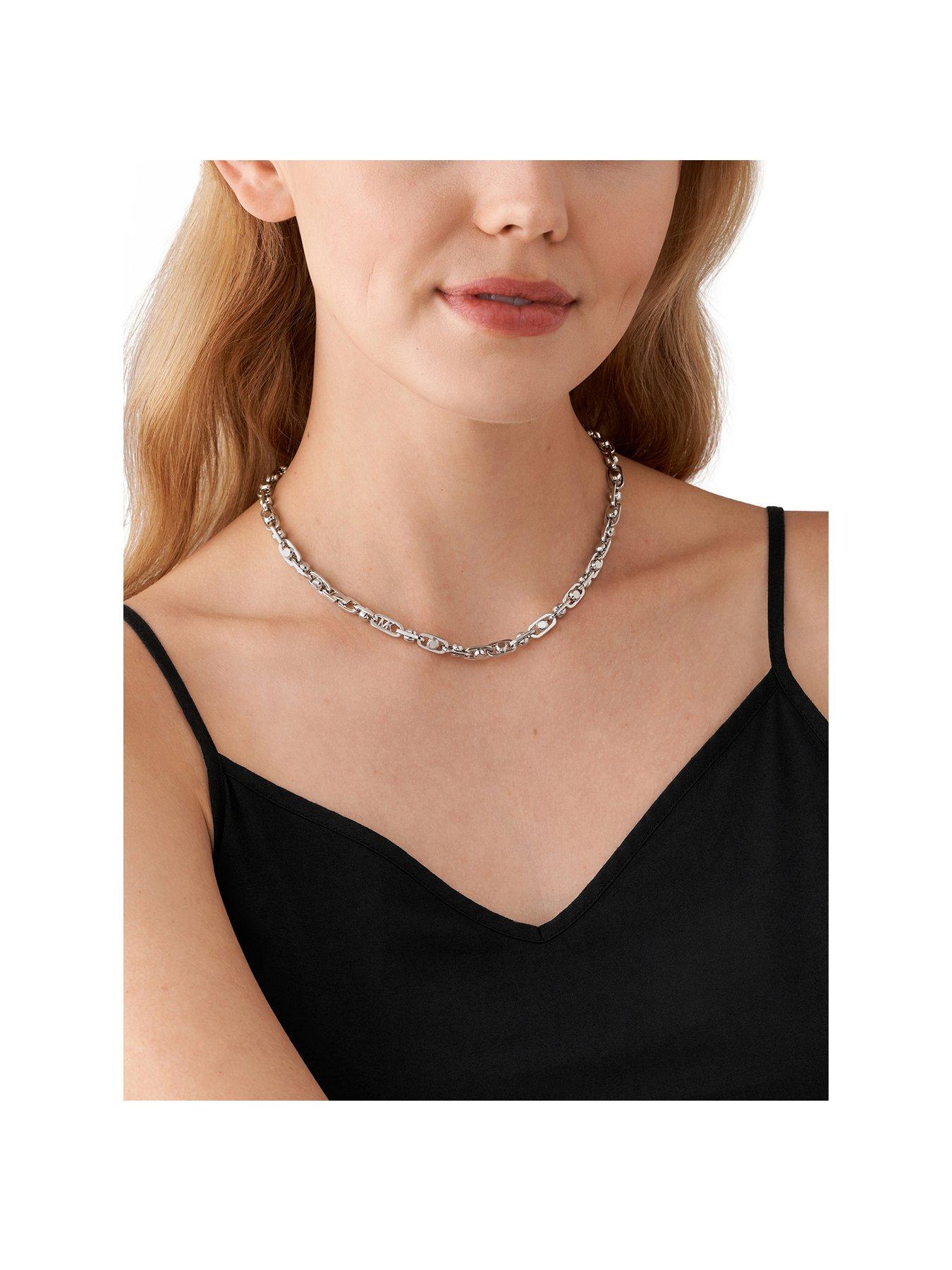 Product photograph of Michael Kors Platinum Astor Link Chain Necklace from very.co.uk