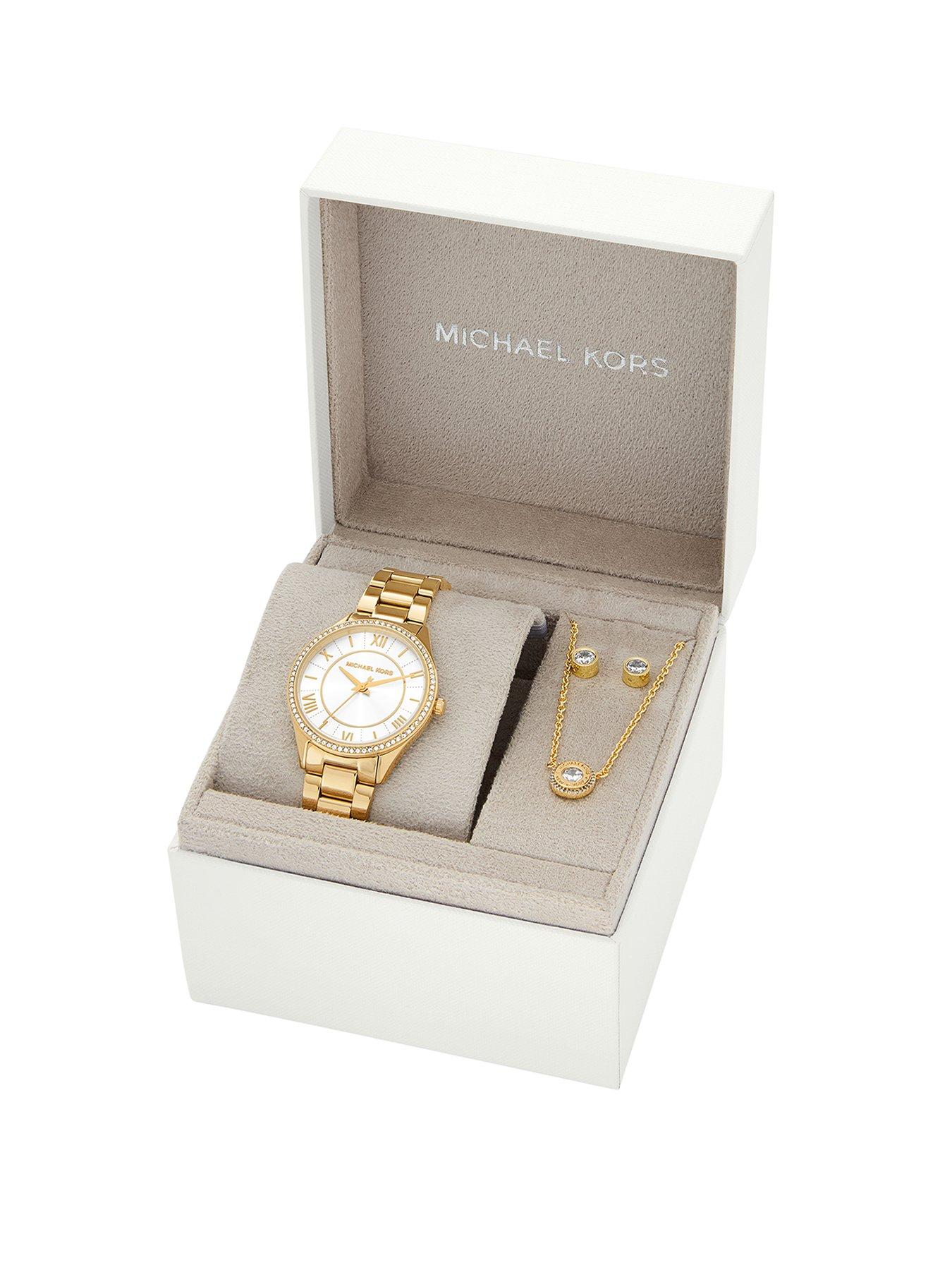 Product photograph of Michael Kors Lauryn Three-hand Gold-tone Stainless Steel Watch Earrings And Necklace Gift Set from very.co.uk