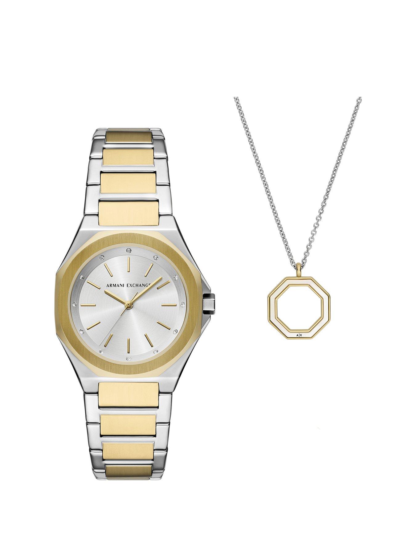 Product photograph of Armani Exchange Women S Three-hand Two-tone Stainless Steel Watch And Necklace Set from very.co.uk