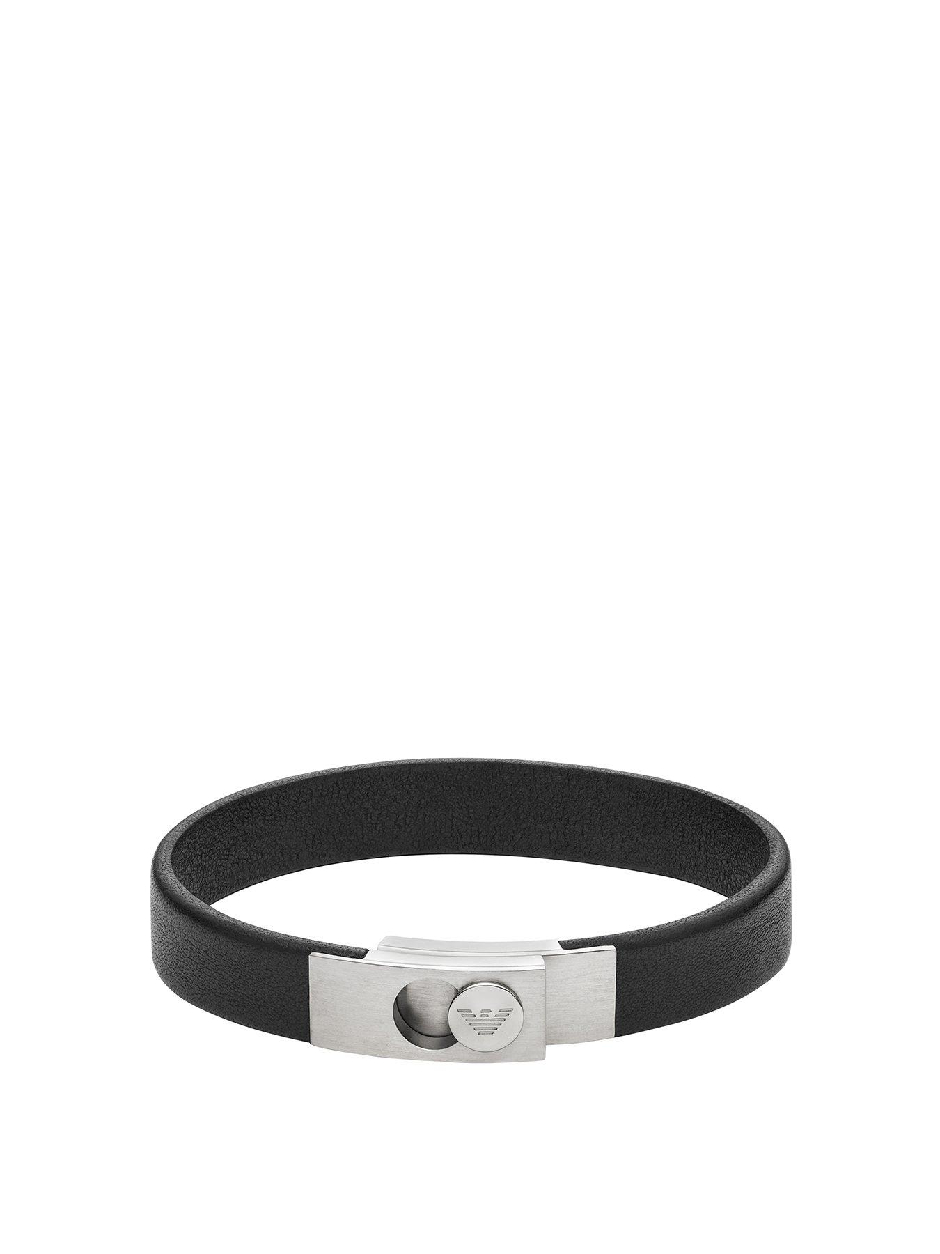 Product photograph of Emporio Armani Stainless Steel And Black Leather Strap Bracelet from very.co.uk