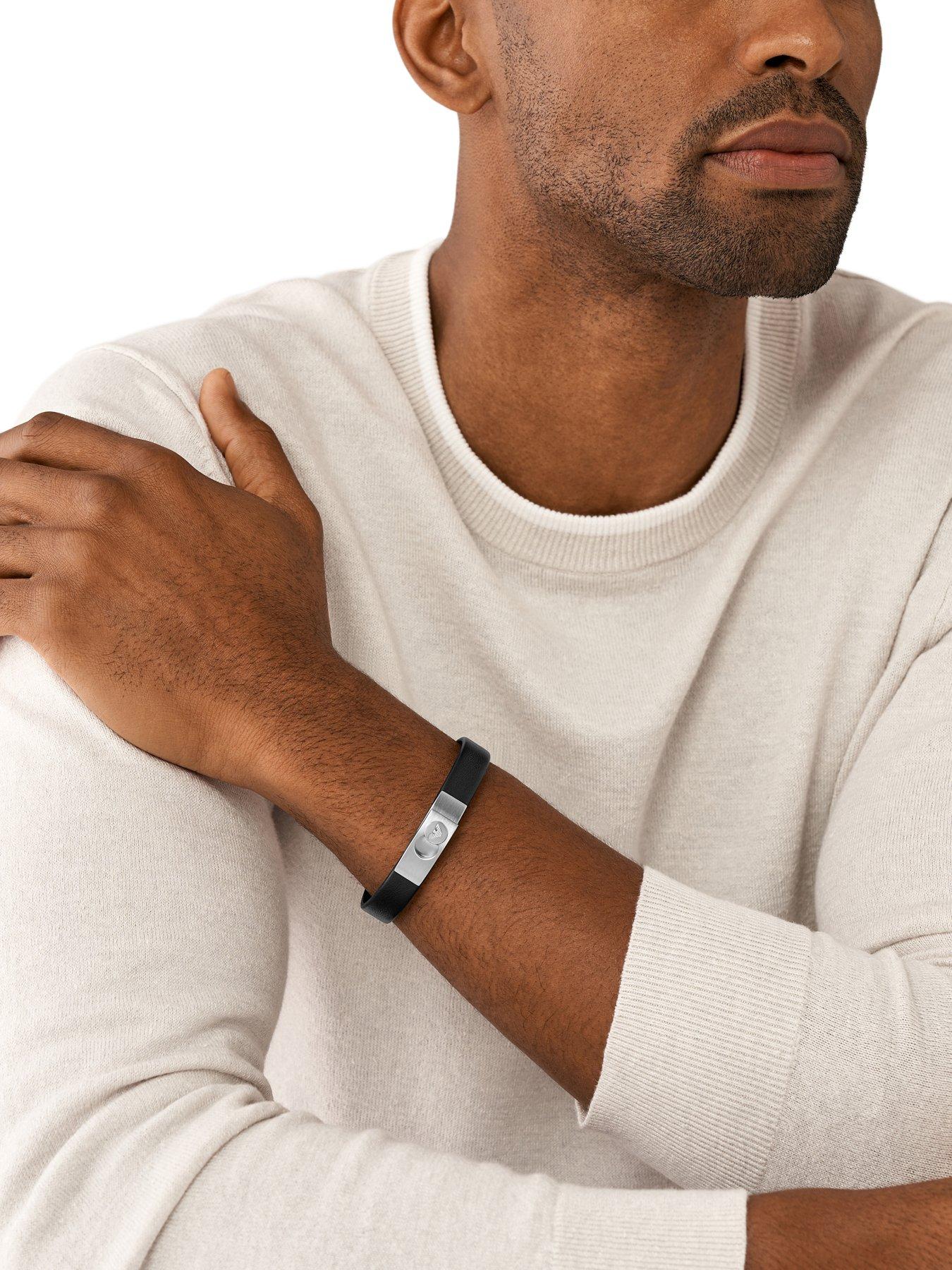 Emporio Armani Stainless Steel and Black Leather Strap Bracelet Very