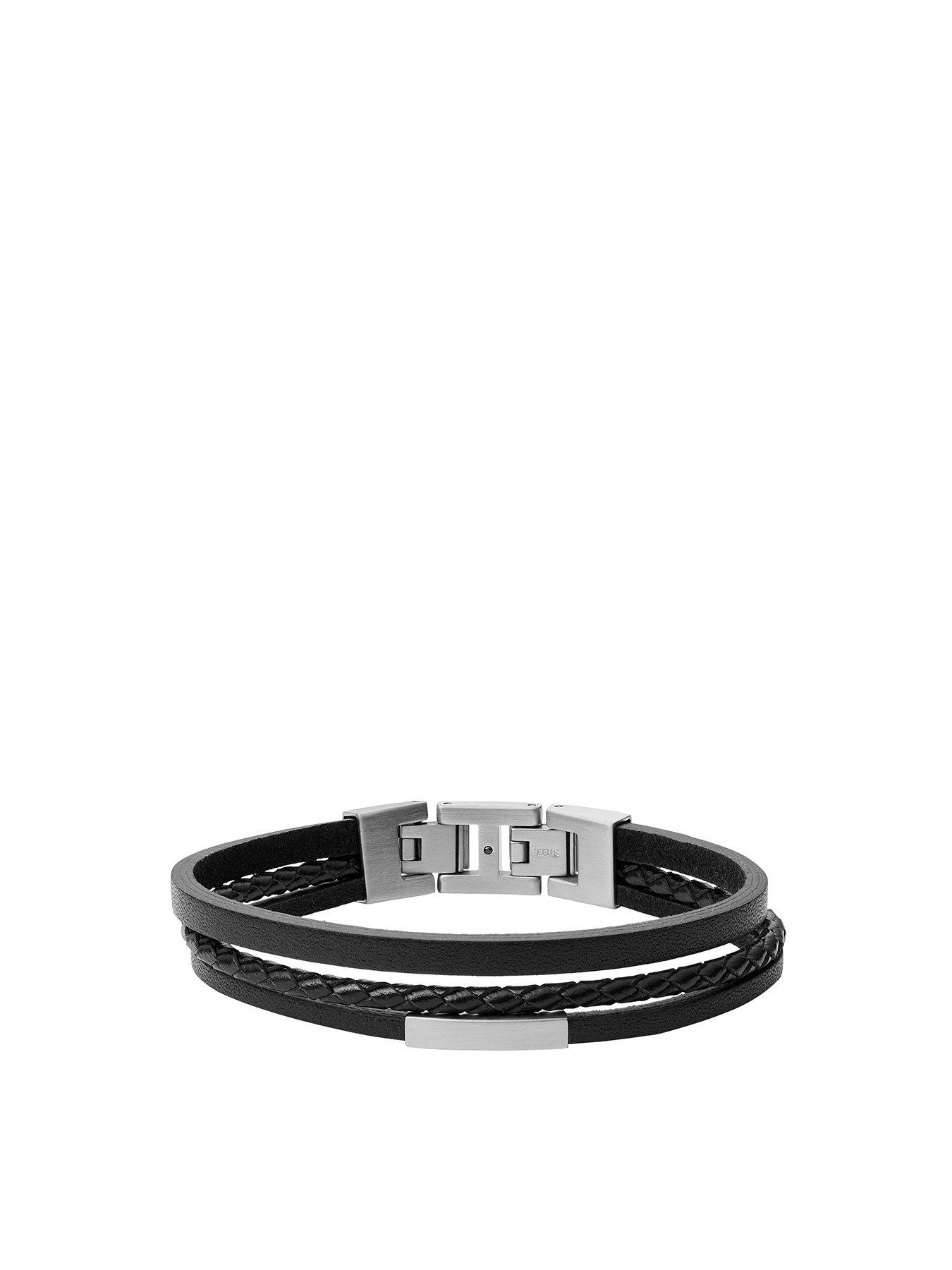 Product photograph of Fossil Men S Black Multi-strand Leather Bracelet from very.co.uk