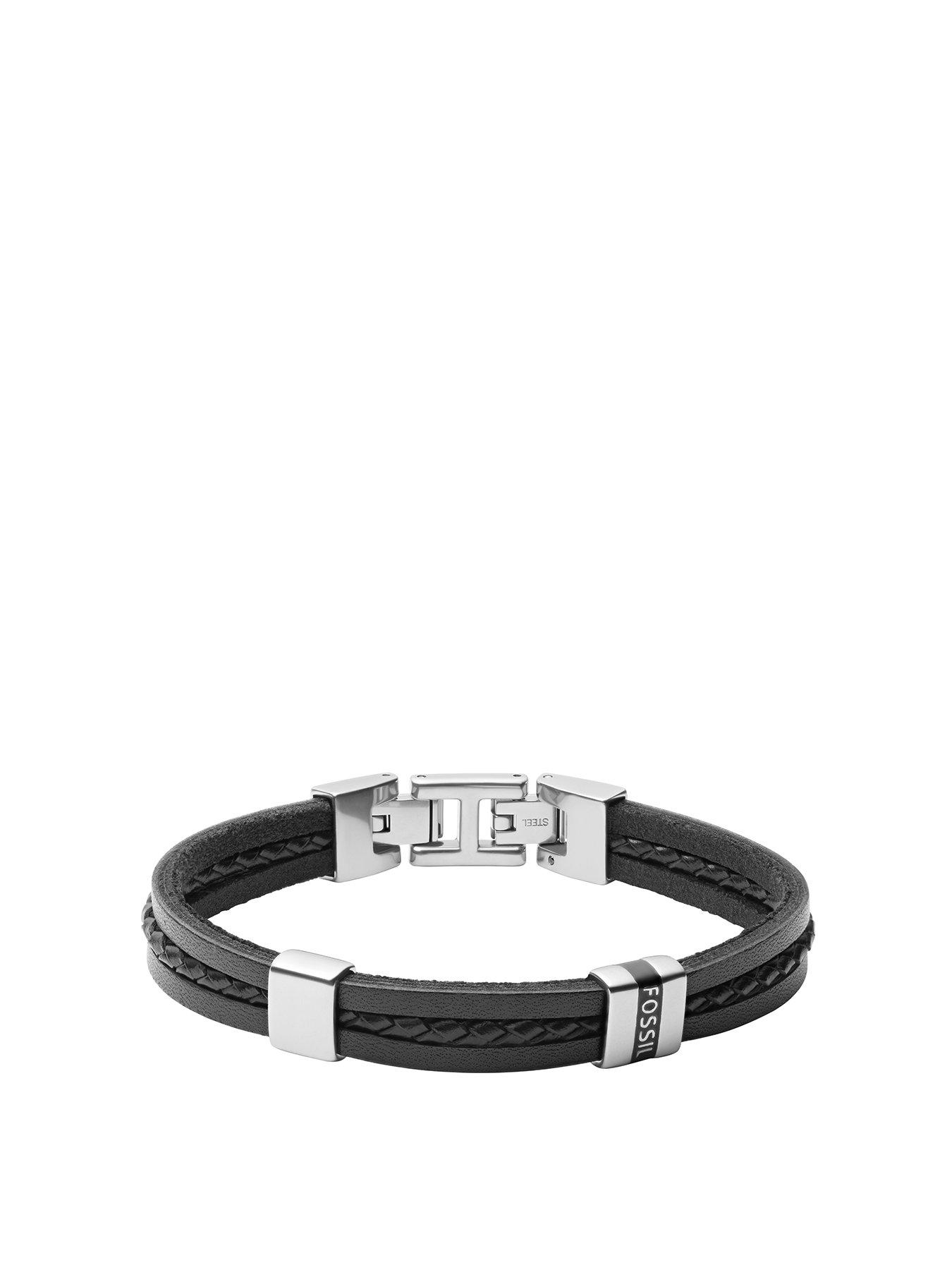 Product photograph of Fossil Leather Essentials Black Leather Multi-strand Bracelet from very.co.uk