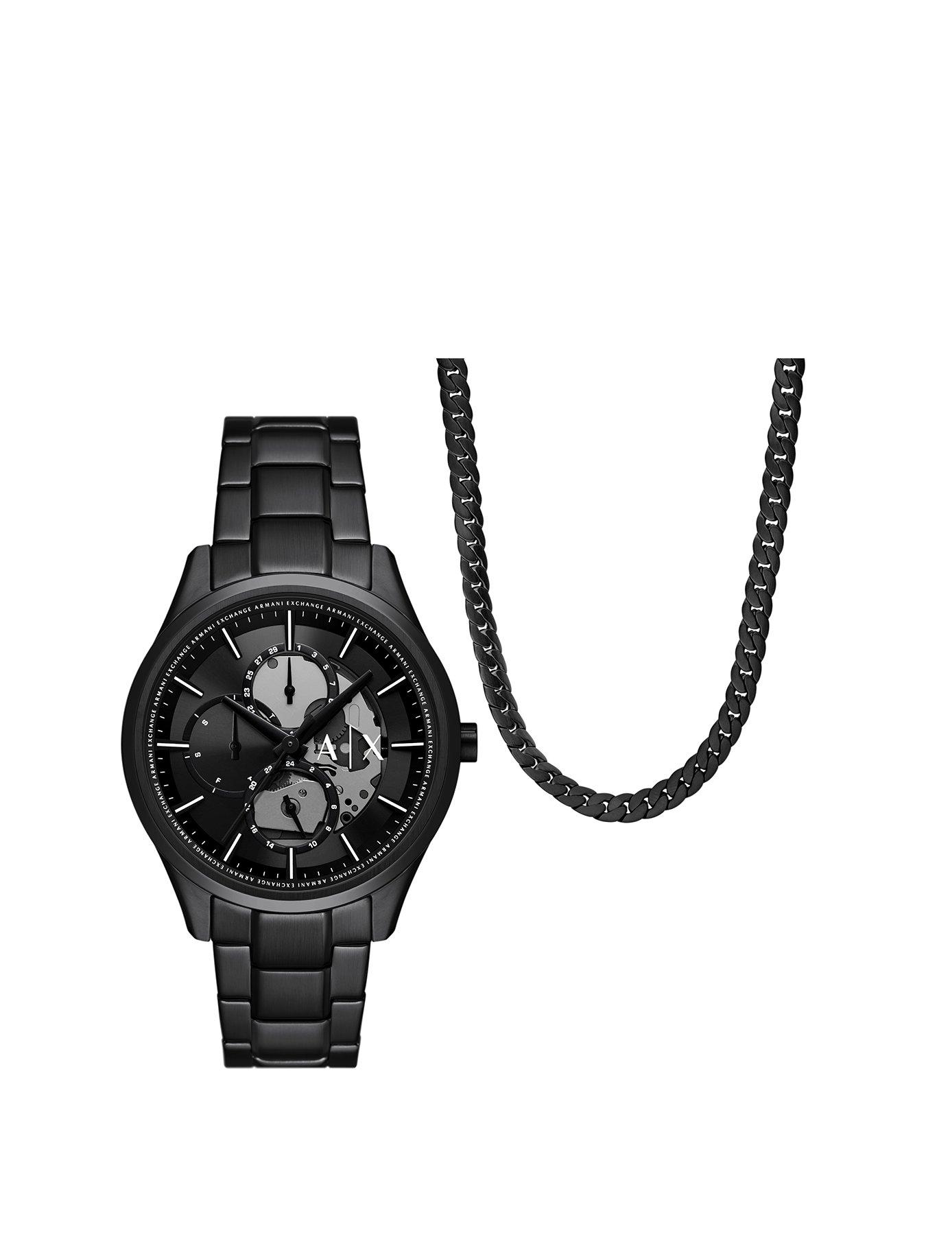 Product photograph of Armani Exchange Multifunction Black Stainless Steel Watch And Necklace Set from very.co.uk