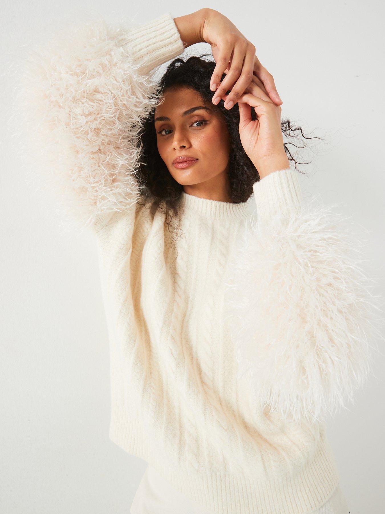 undefined Cable Knit Faux Fur Sleeve Jumper - Cream