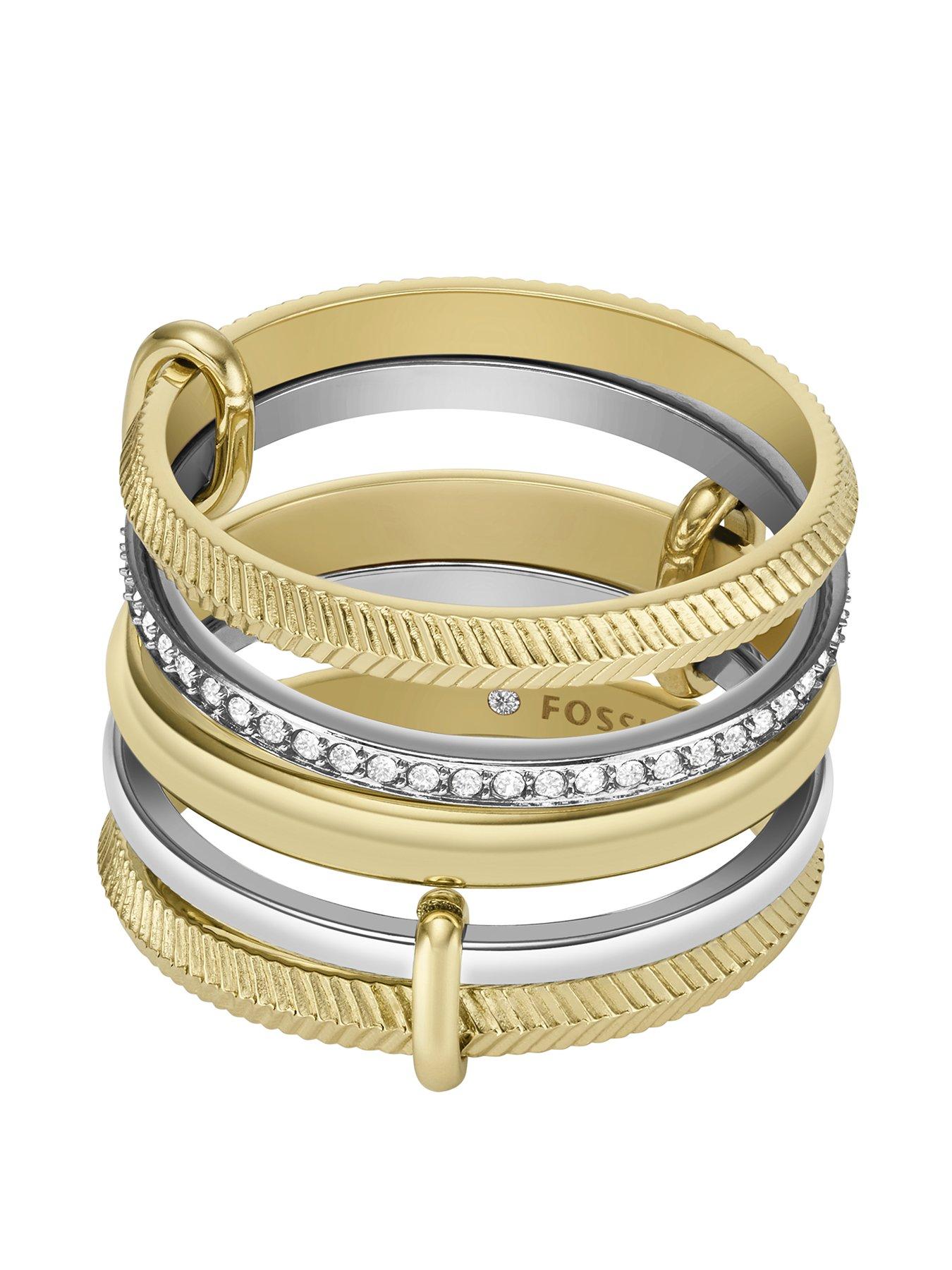 Product photograph of Fossil Women S Harlow Linear Texture Two-tone Stainless Steel Prestack Ring from very.co.uk