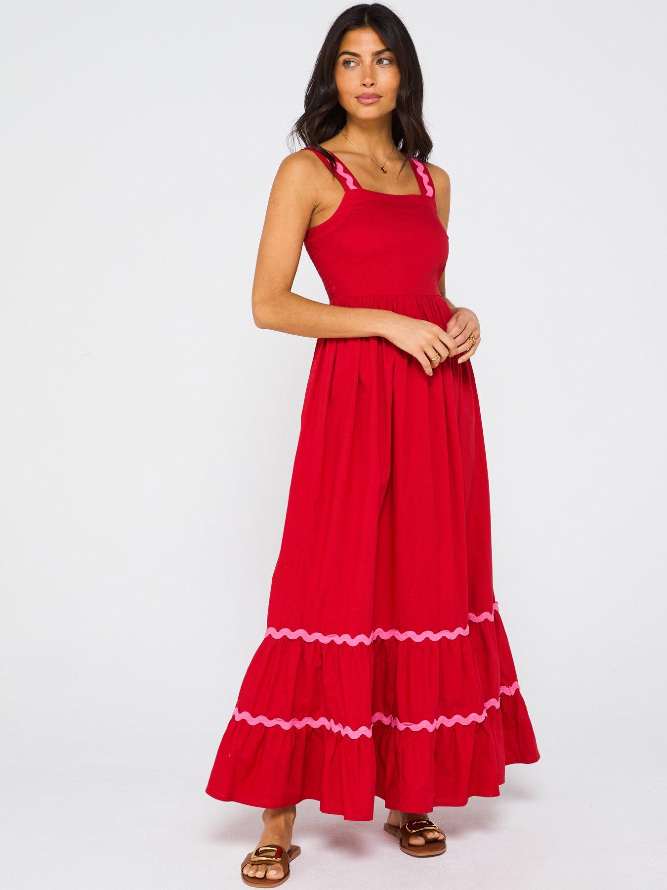 undefined Rik Rak Trim Strappy Midi Dress - Pink