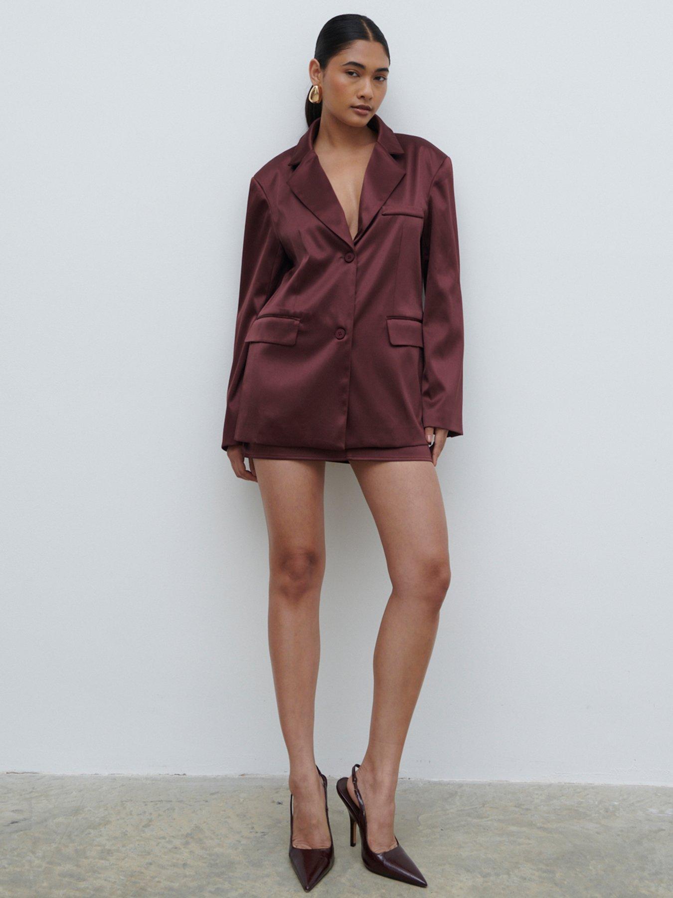 Image 3 of 6 of Pretty Lavish Beck Satin Oversized Dad Blazer - Wine