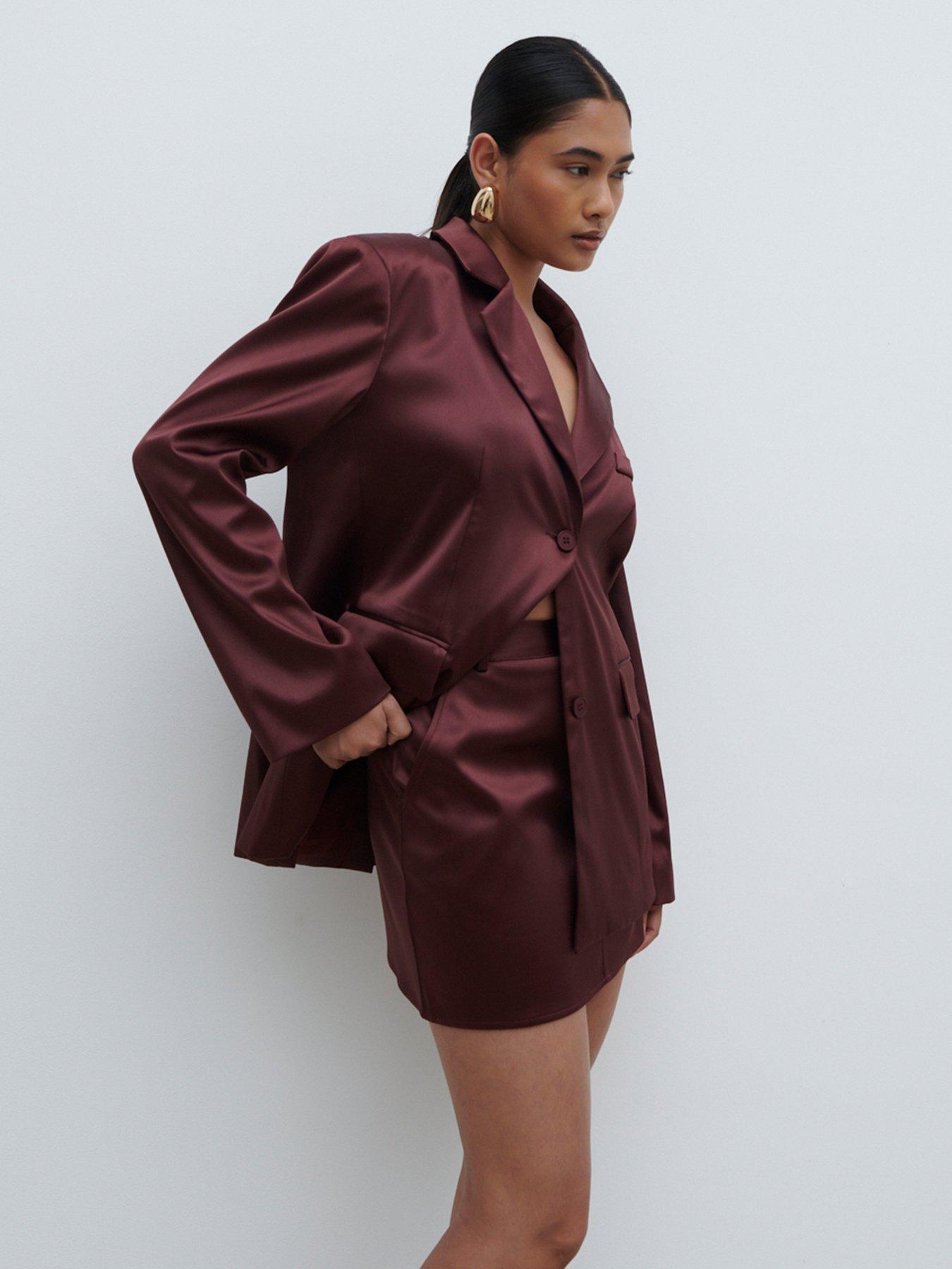 Image 4 of 6 of Pretty Lavish Beck Satin Oversized Dad Blazer - Wine