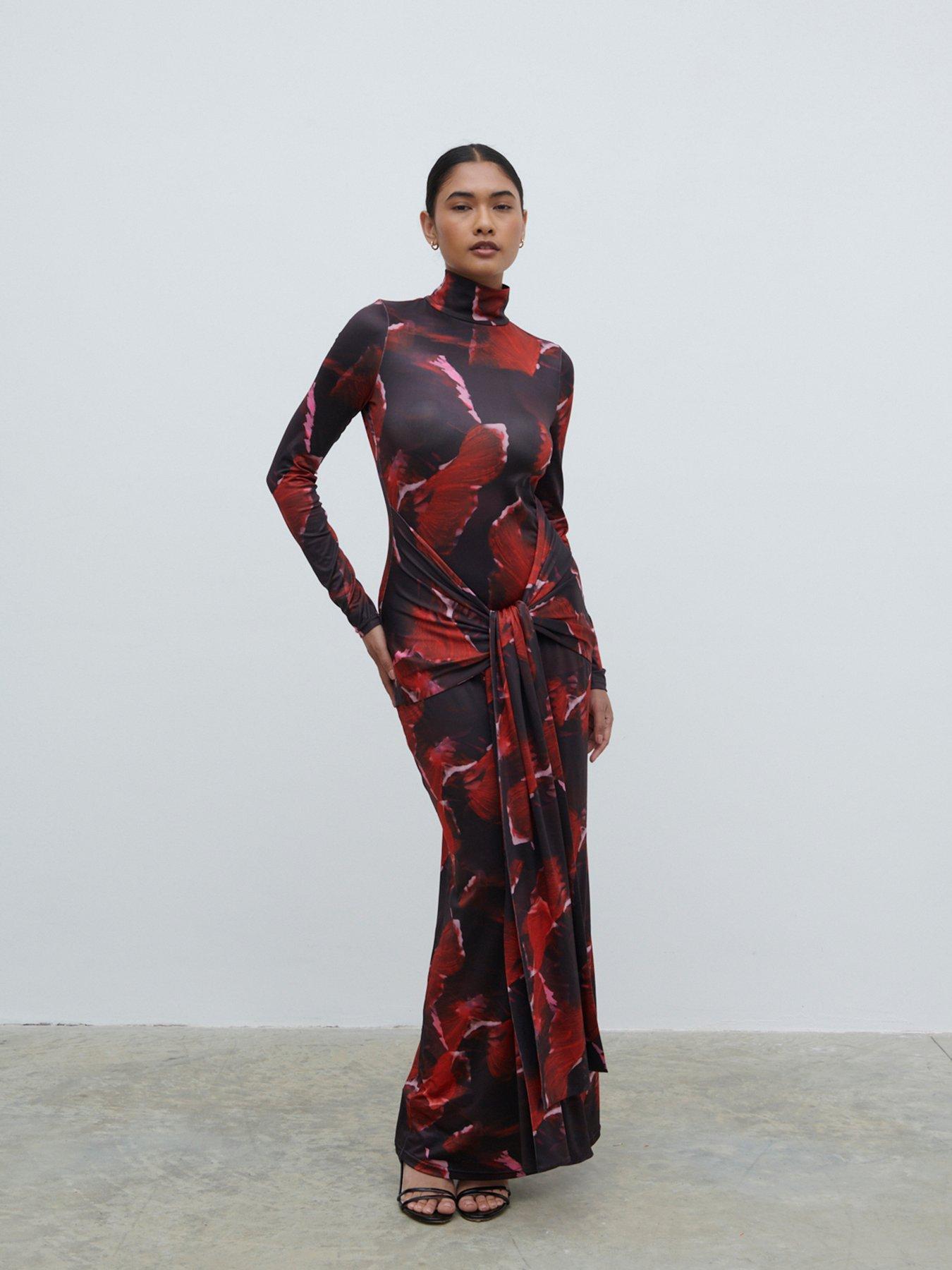 Pretty Lavish Emiline Tie Waist Roll Neck Jersey Maxi Dress