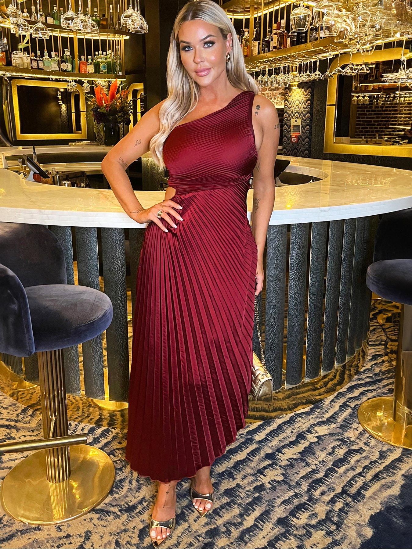 undefined One Shoulder Pleated Satin Midi Dress - Red