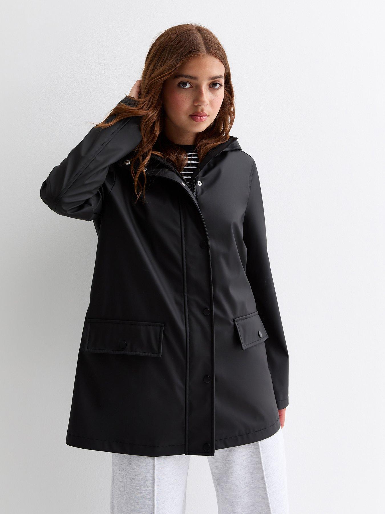 Girls Black Hooded Anorak Raincoat