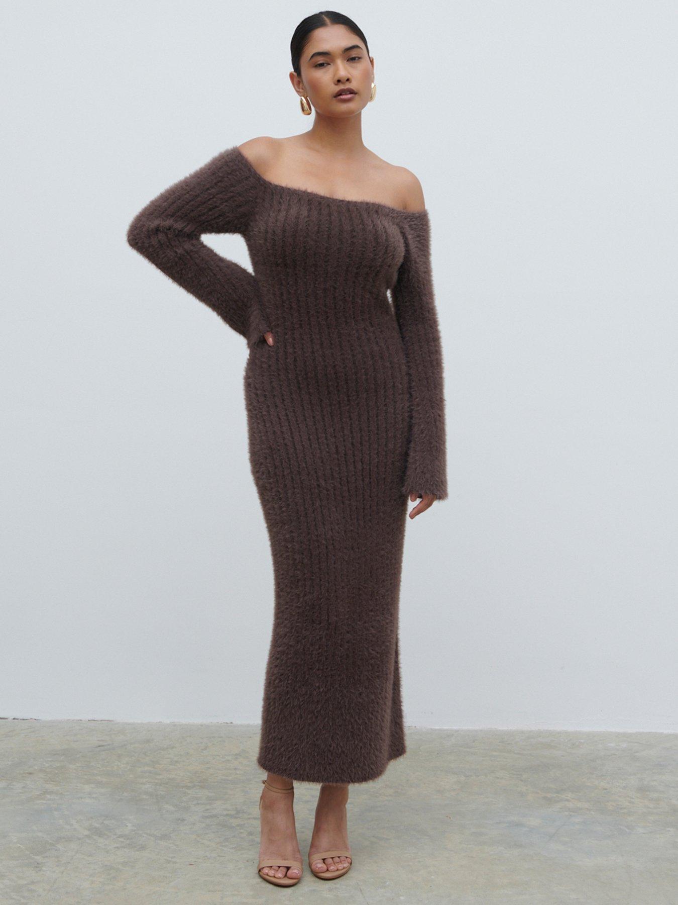 undefined Alora Soft Rib Knit Midaxi Dress - Chocolate - Brown