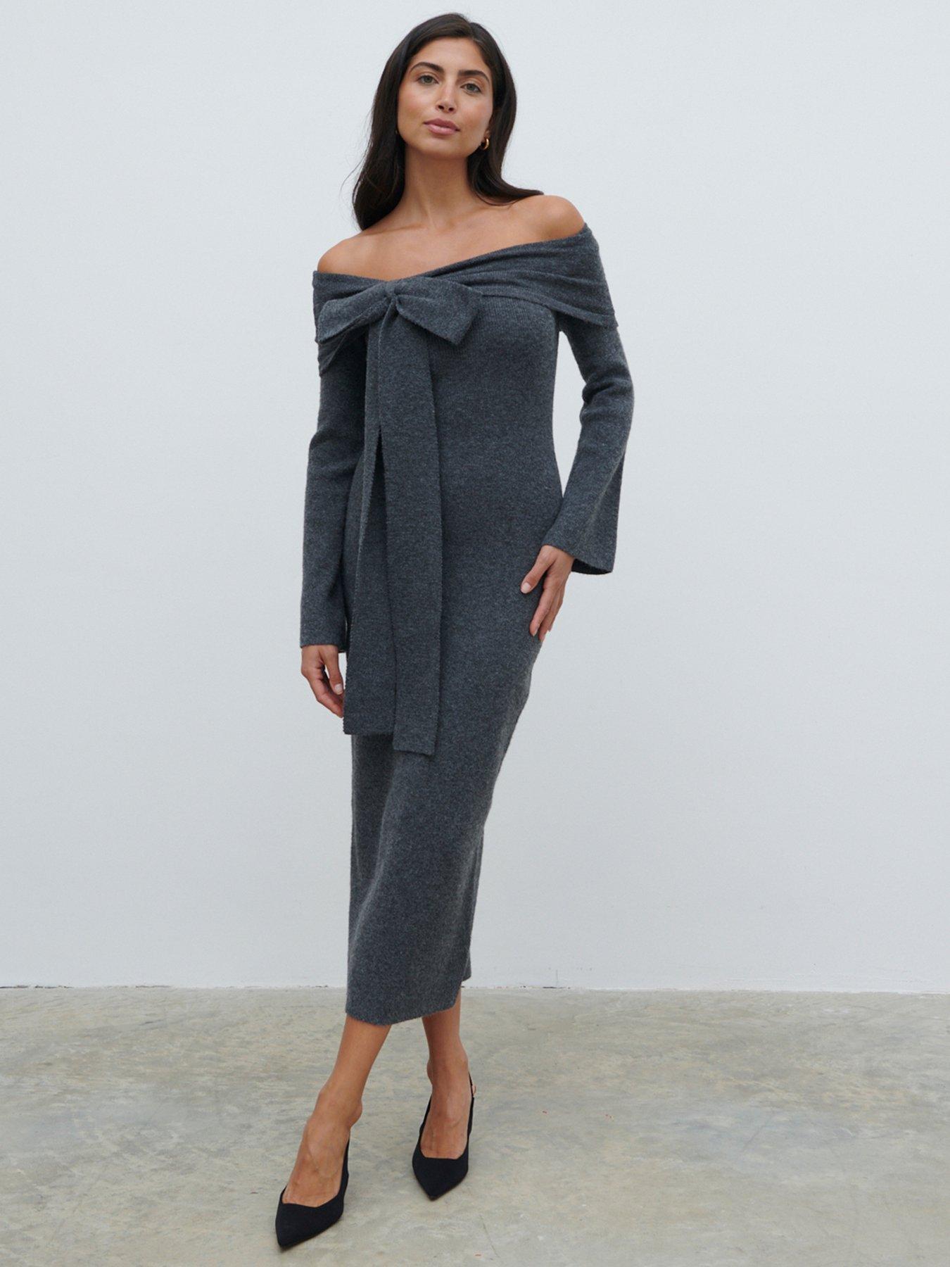 undefined Tilda Bardot Bow Midaxi Knit Dress - Charcoal - Grey