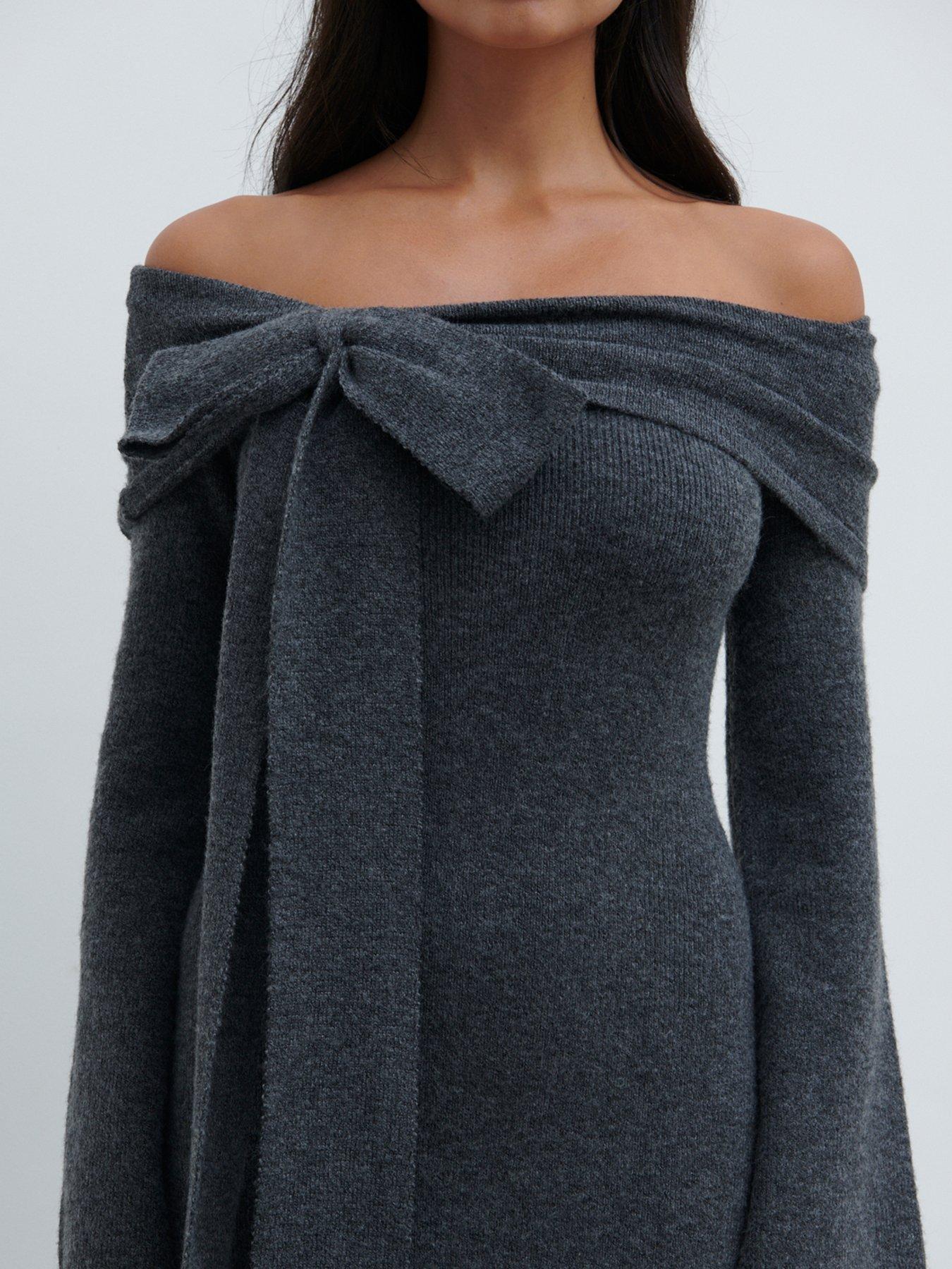 Pretty Lavish Tilda Bardot Bow Midaxi Knit Dress - Charcoal - Grey | Very
