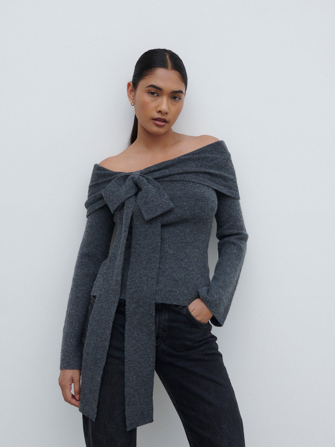 undefined Tilda Bardot Bow Knit Top - Marl - Grey