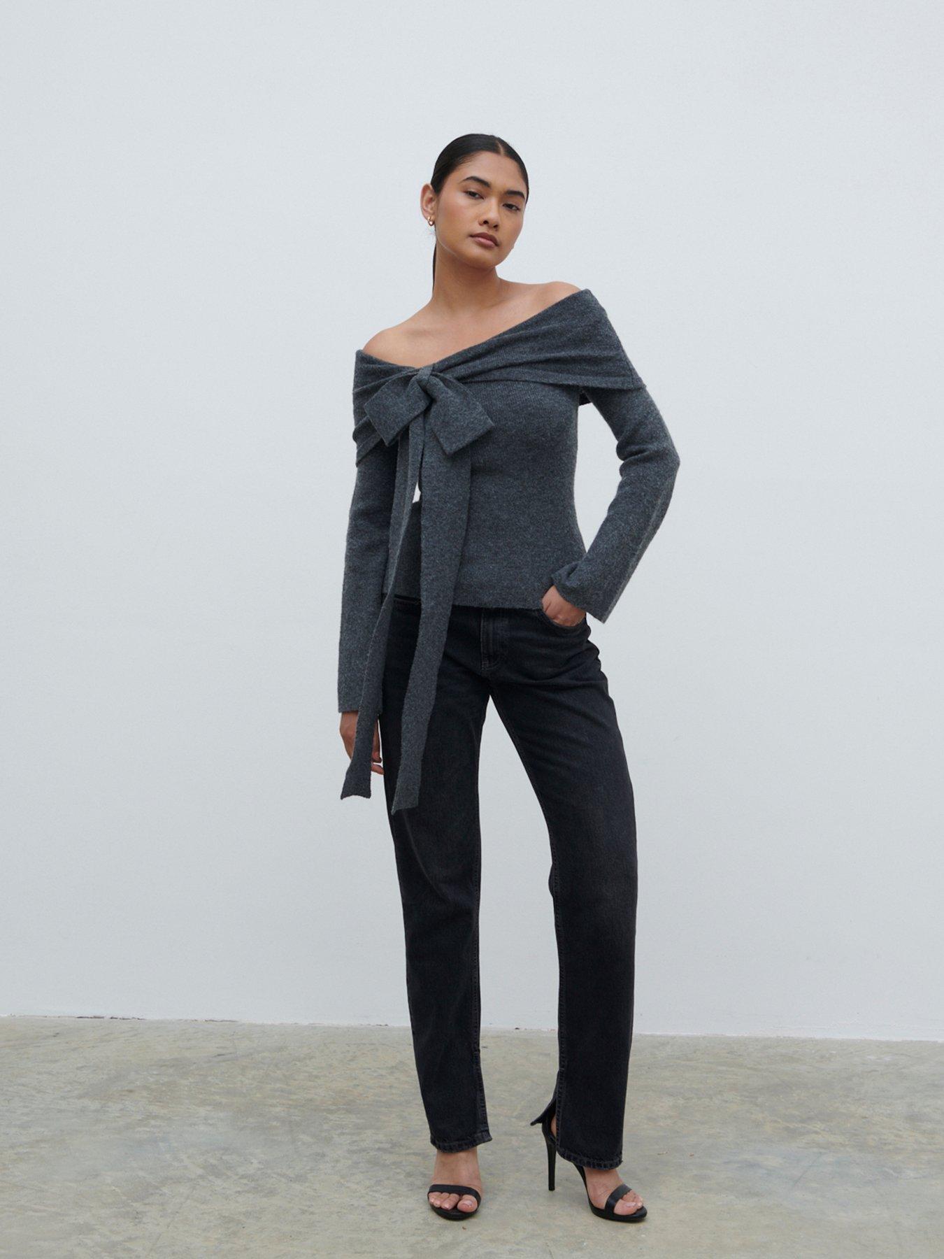 Image 2 of 3 of Pretty Lavish Tilda Bardot Bow Knit Top - Marl - Grey