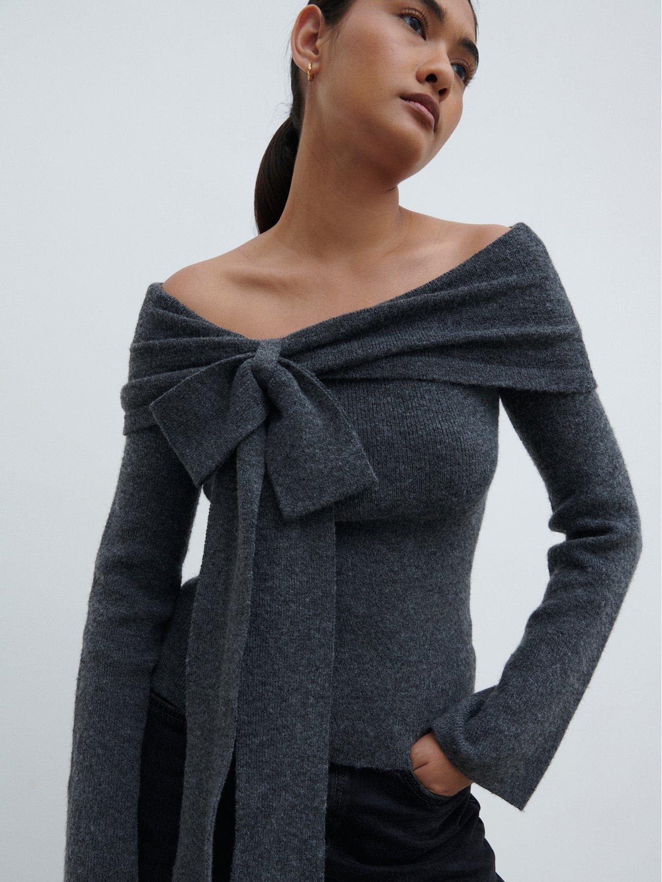 Image 3 of 3 of Pretty Lavish Tilda Bardot Bow Knit Top - Marl - Grey