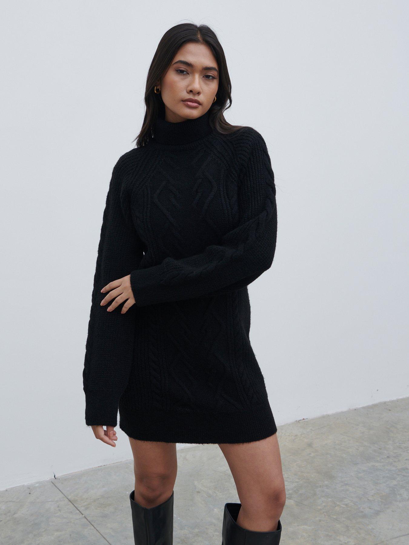 undefined Arabella Roll Neck Cable Knit Mini Dress - Charcoal - Black