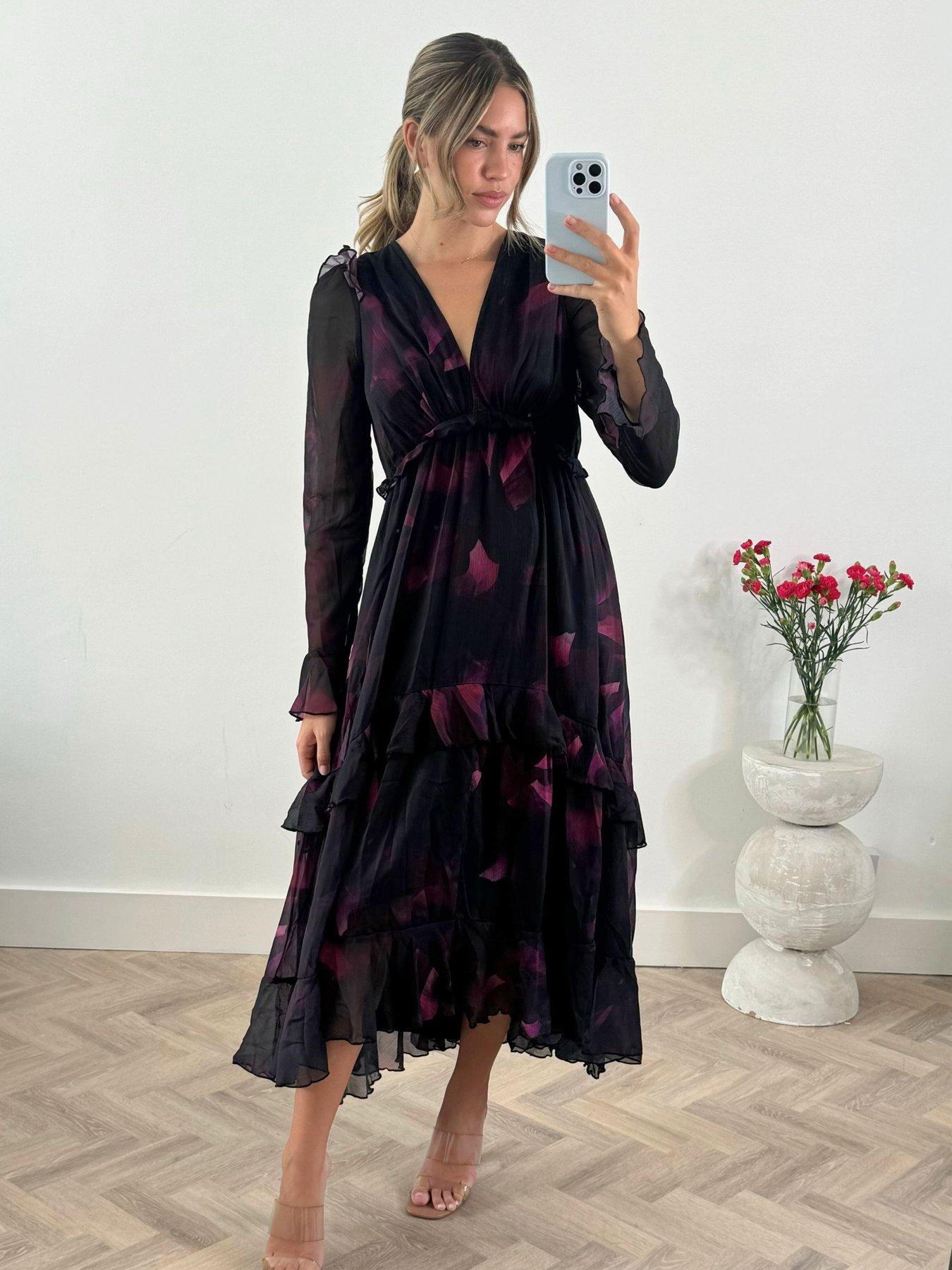 undefined Floral Print Tiered Skirt Midi Dress - Black