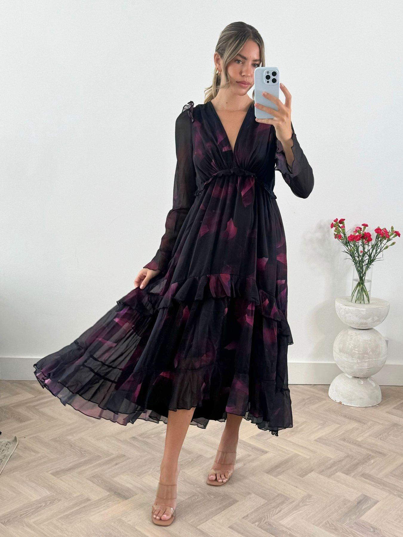 Style Cheat Floral Print Tiered Skirt Midi Dress - Black | Very