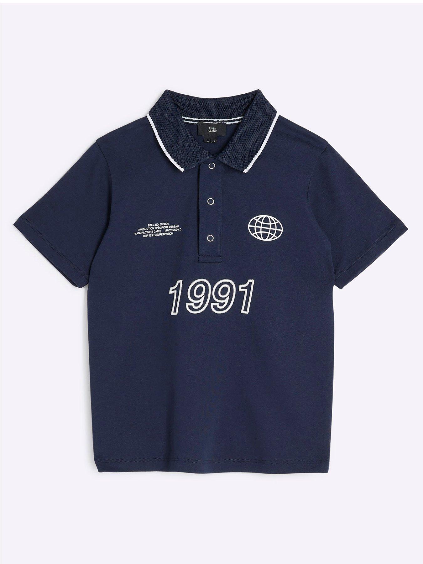 Image 1 of 4 of River Island Older Boy Tipped 1991 Graphic Polo Shirt - Navy