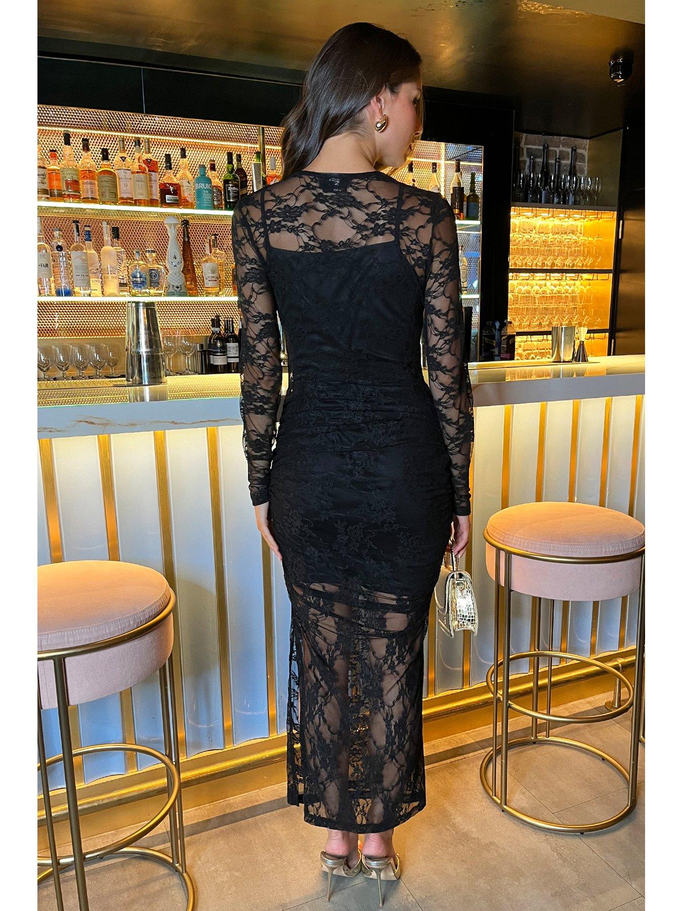 Lace Overlay Bodycon Midi Dress Black