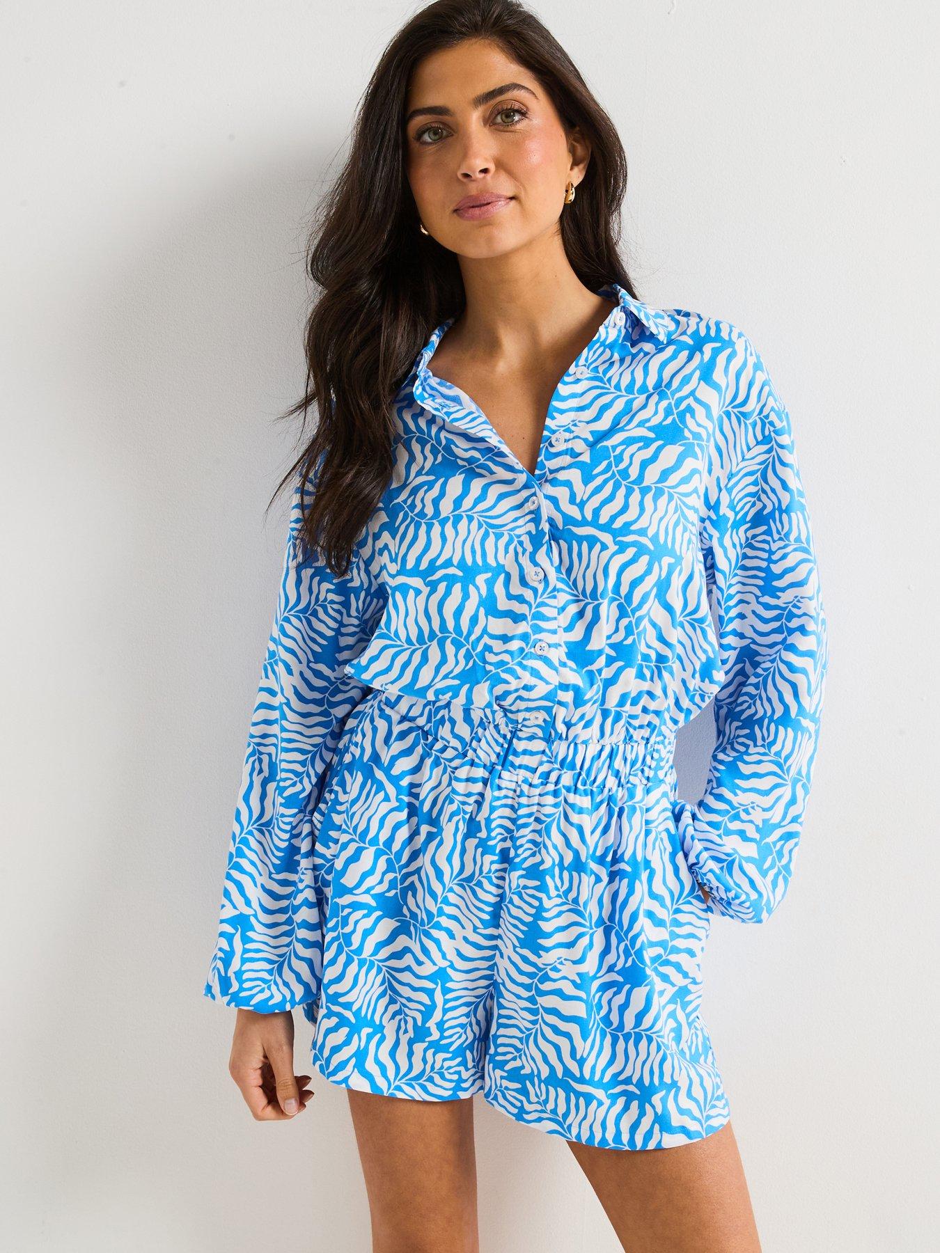 undefined Printed Long Sleeve Beach Playsuit - Print
