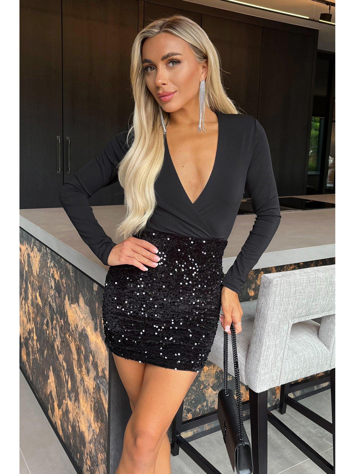 ax paris sequin dress Velvet Long Sleeve Black Sequin Dress Uk AX Paris Velvet Sequin In Wrap  Long Sleeve Mini