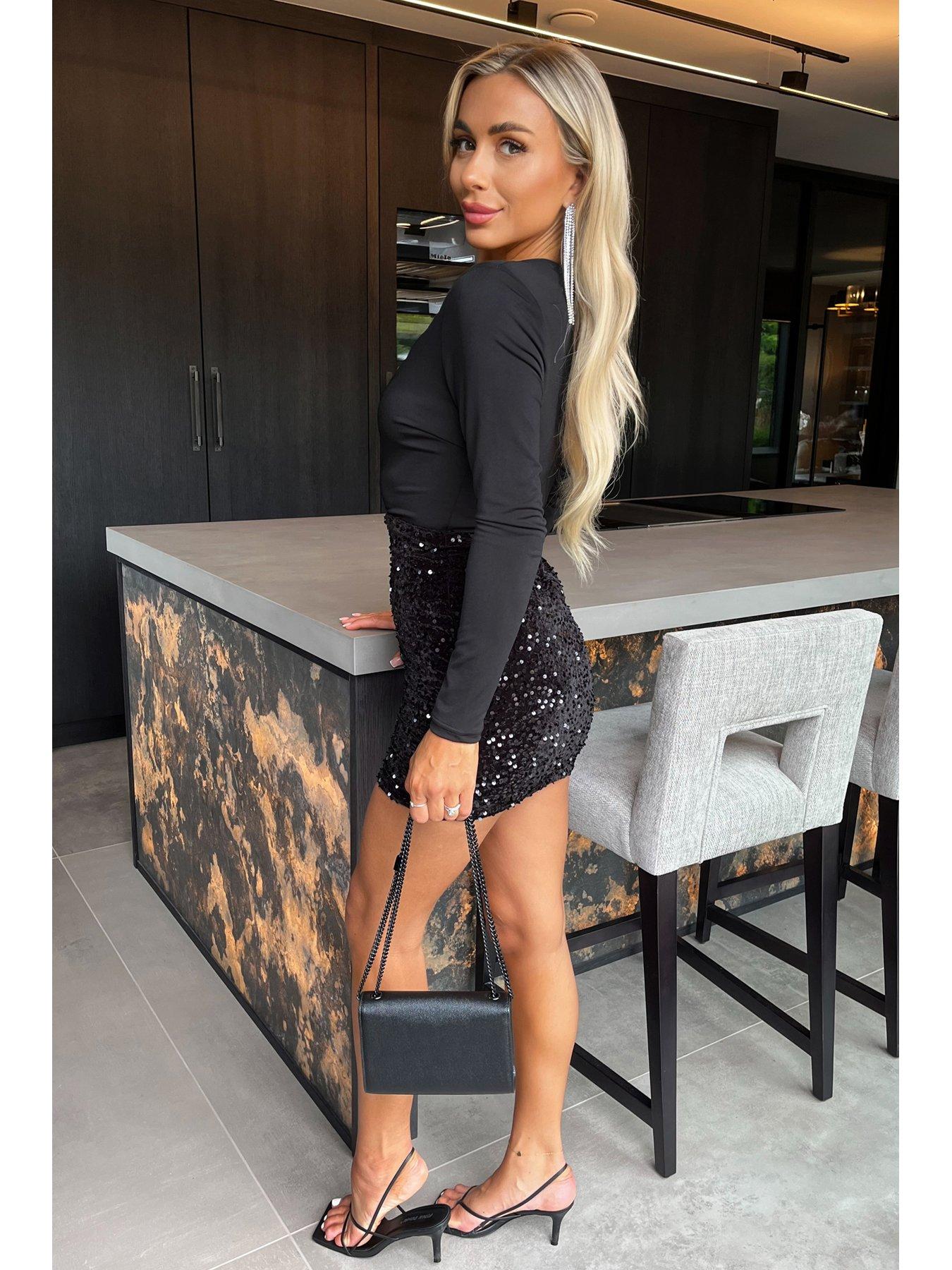 AX Paris Velvet Sequin In Wrap Long Sleeve Mini Dress Black