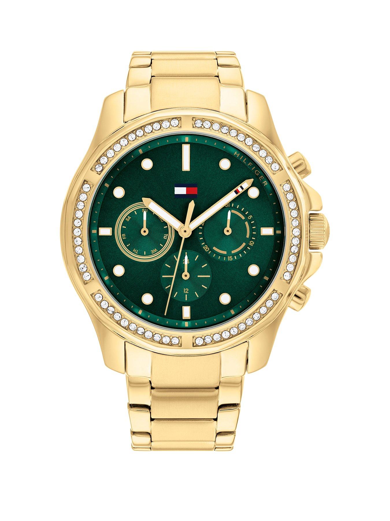 Product photograph of Tommy Hilfiger Brooklyn Ladies Gold Plated Green Dial Watch from very.co.uk