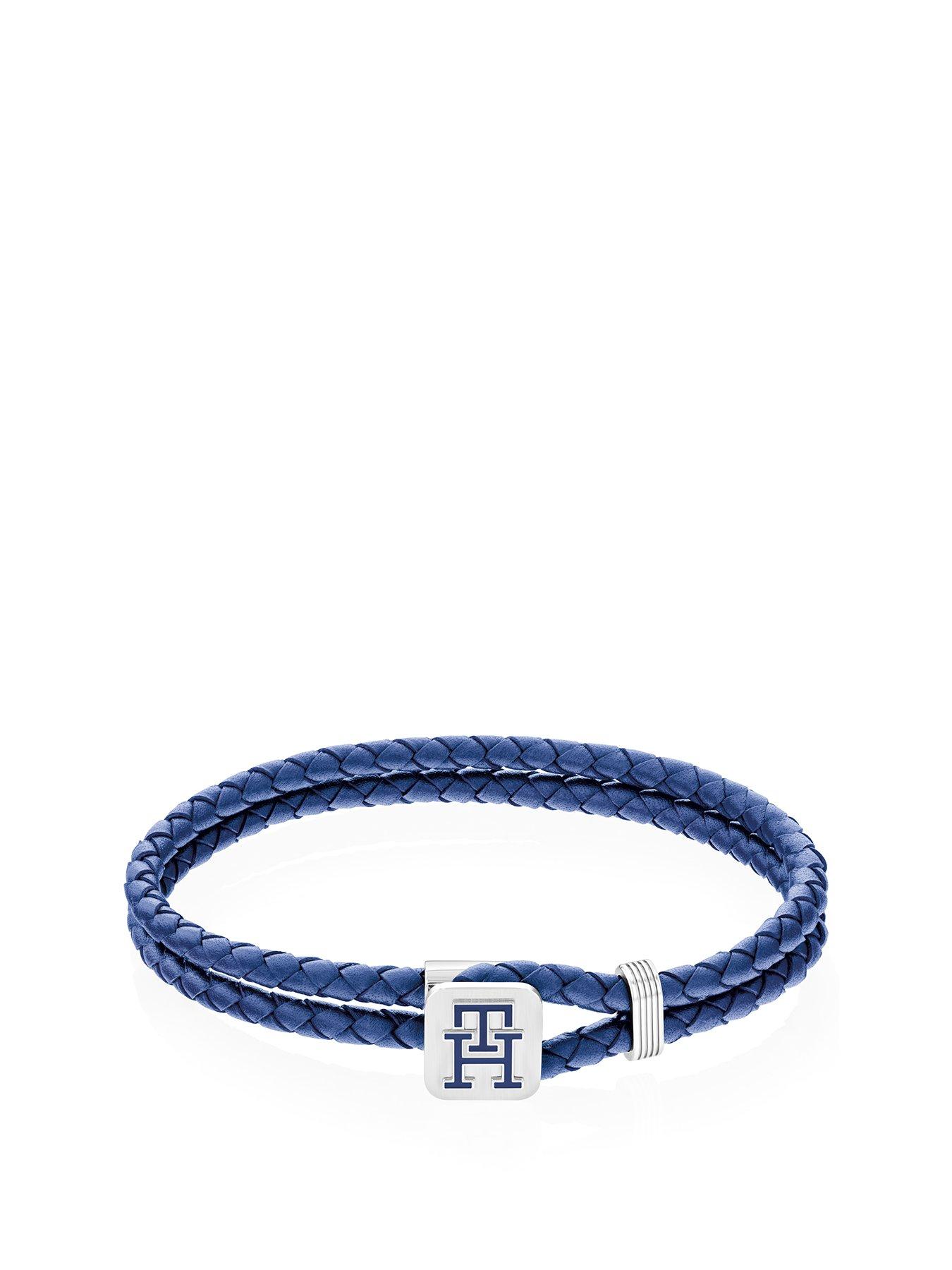 Product photograph of Tommy Hilfiger Men S Monogram Blue Leather Bracelet from very.co.uk