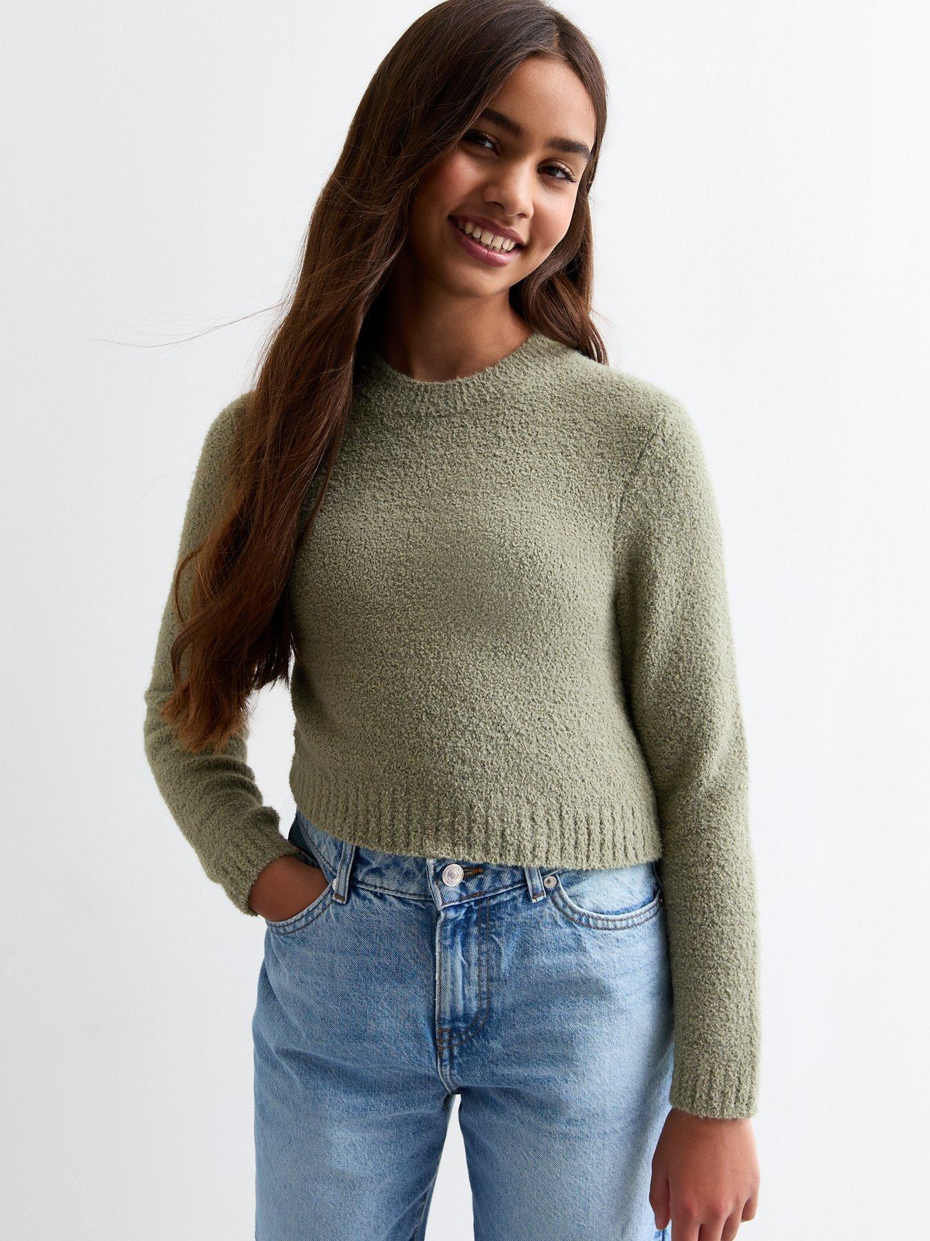 undefined Girls Olive Teddy Cropped Jumper